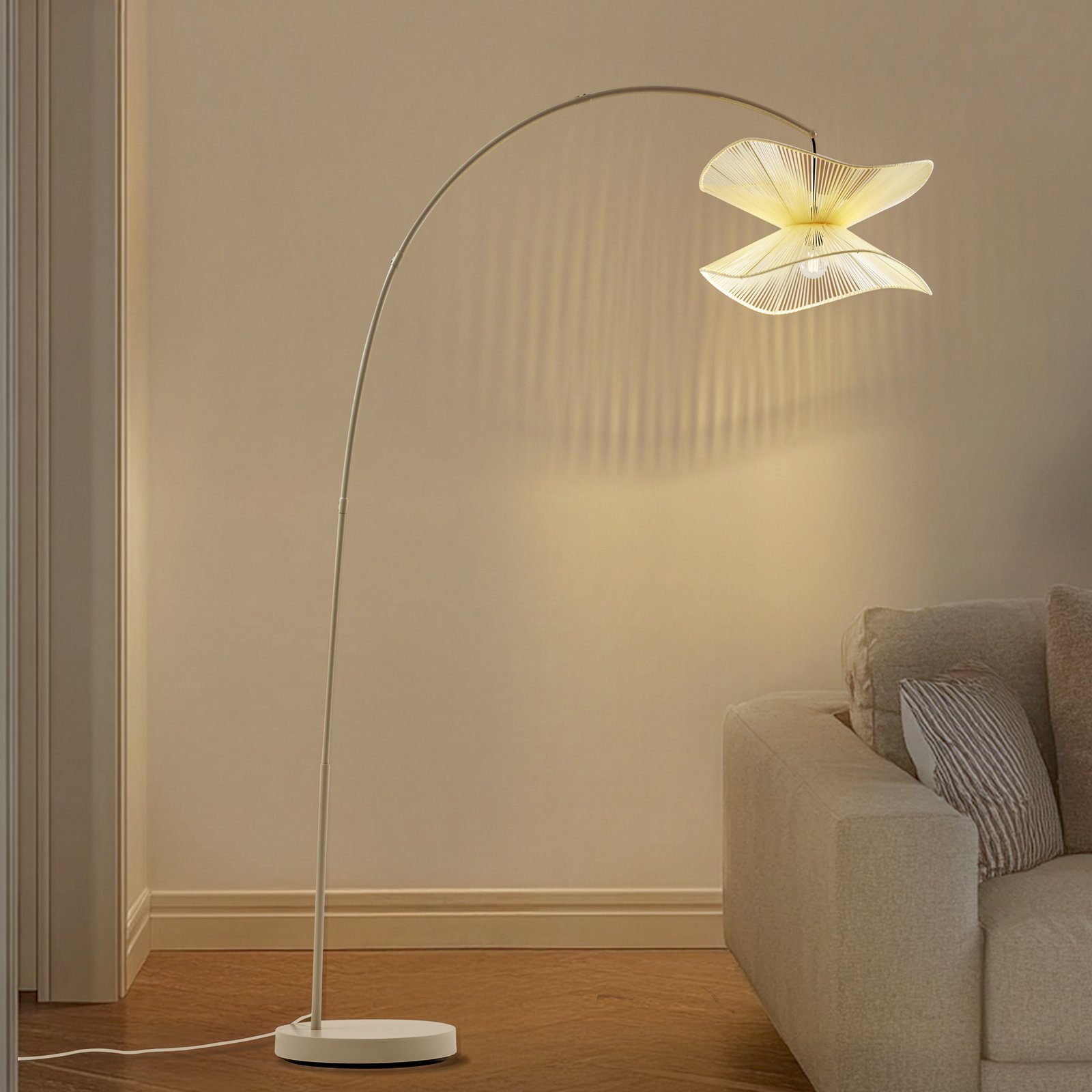 Lampă cu arc Lindby Valdorin, bej, hârtie, 195 cm, IP20