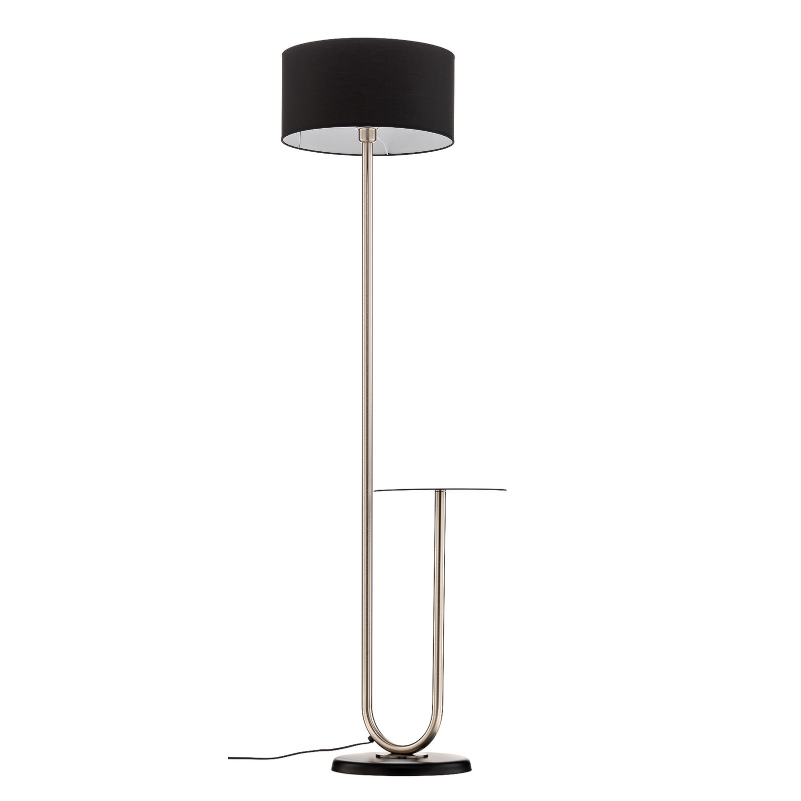 Pongo floor lamp, fabric lampshade and shelf