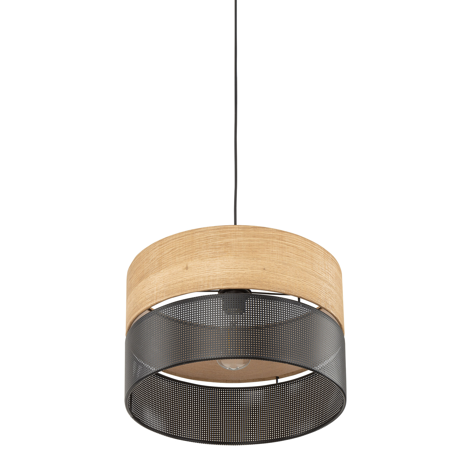 Nicol lámpara colgante, negro/efecto madera, Ø 38 cm, 1 luz, 1 x E27