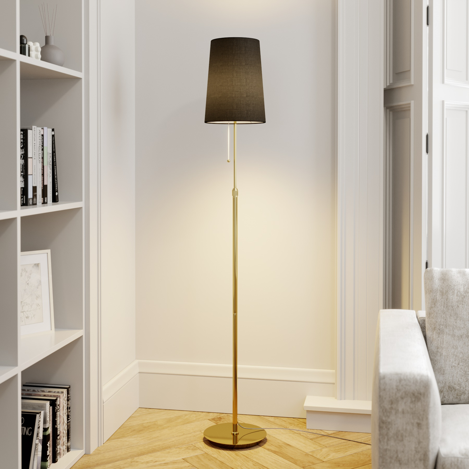 Lucande Pordis álló lámpa, 164 cm, sárgaréz-fekete