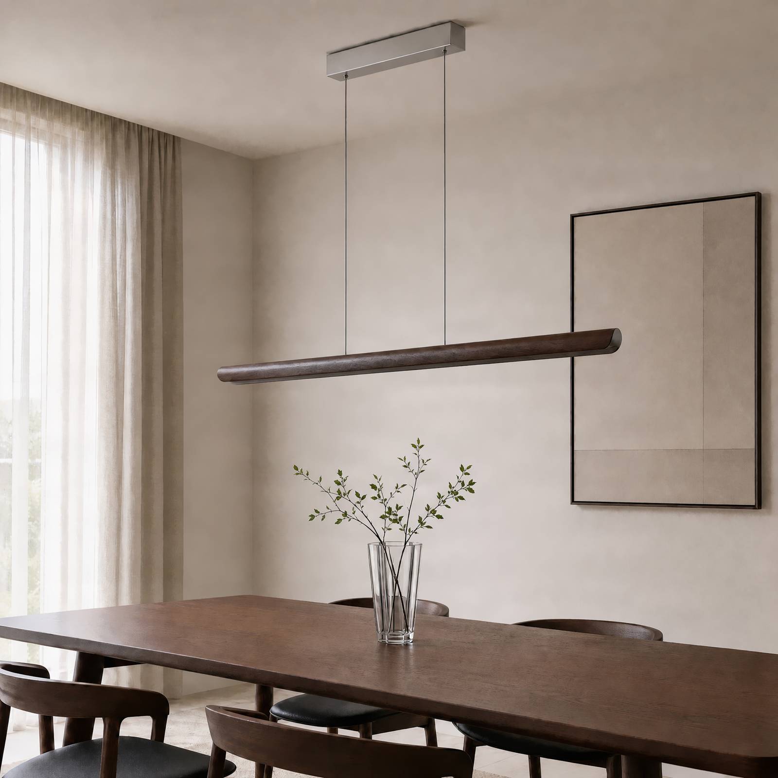 Żyrandol LED Lucande Callahan, drewno orzechowe, długość 115 cm