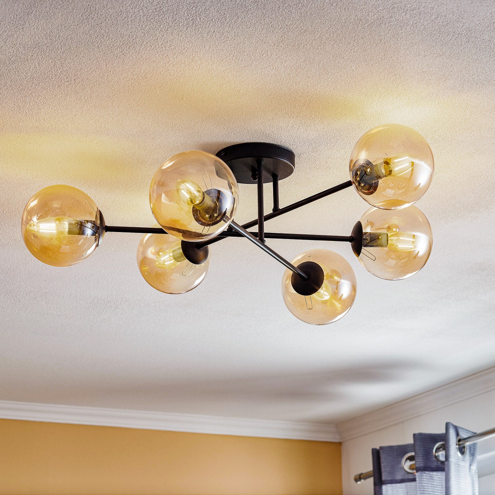 EMIBIG LIGHTING Plafonieră Glassy negru chihlimbar sticlă 6 becuri E14 - Camera de zi / sufragerie - Modern - Metal
