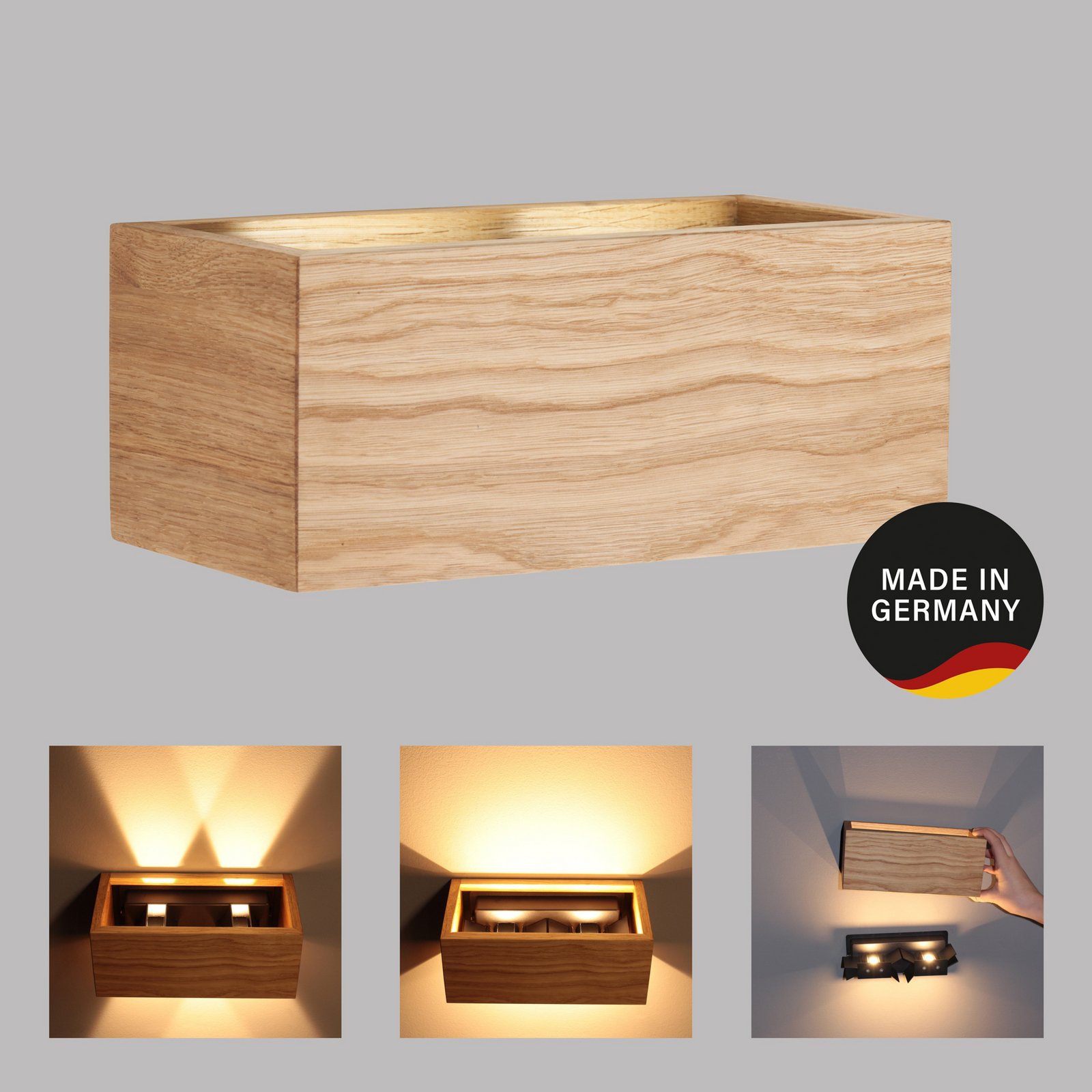 LED-seinävalaisin Shine-Wood, tammi/musta, leveys 23 cm, puu