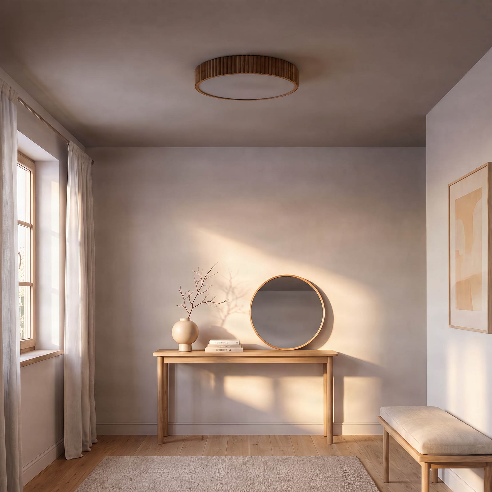 plafón LED Velua, blanco/madera, Ø 50 cm, CCT - Lindby