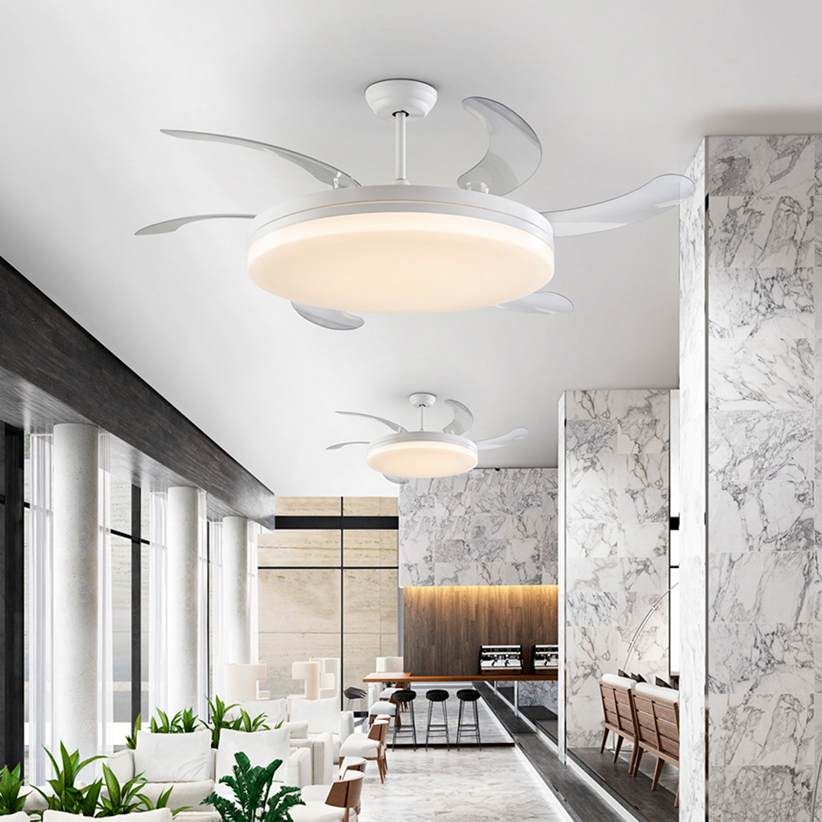 LED stropni ventilator Vento bel/prozoren, DC Ø 150 cm tih