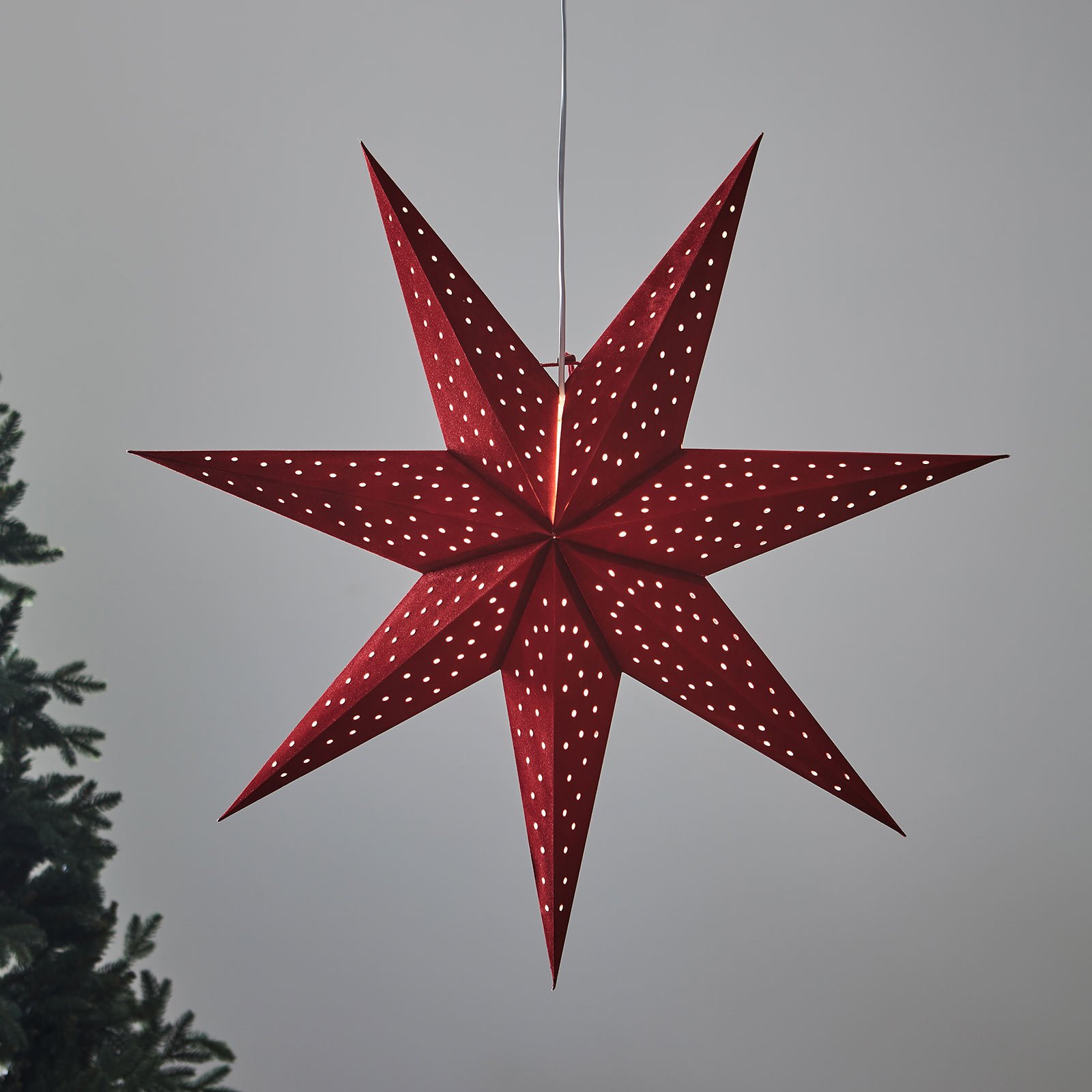 Clara em forma de estrela para pendurar, aspeto de veludo Ø 75 cm, vermelho