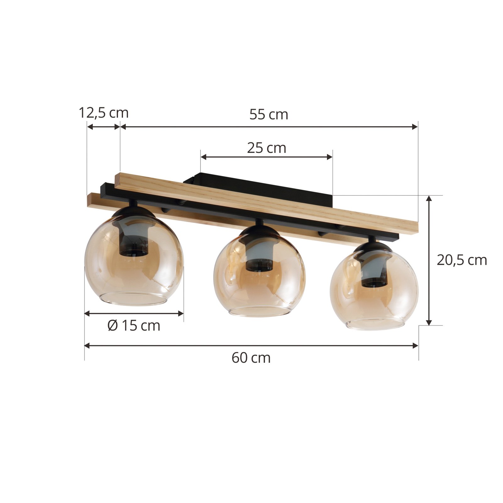 Maite 3 Ceiling Lamp Black/Wood/Amber - Lindby