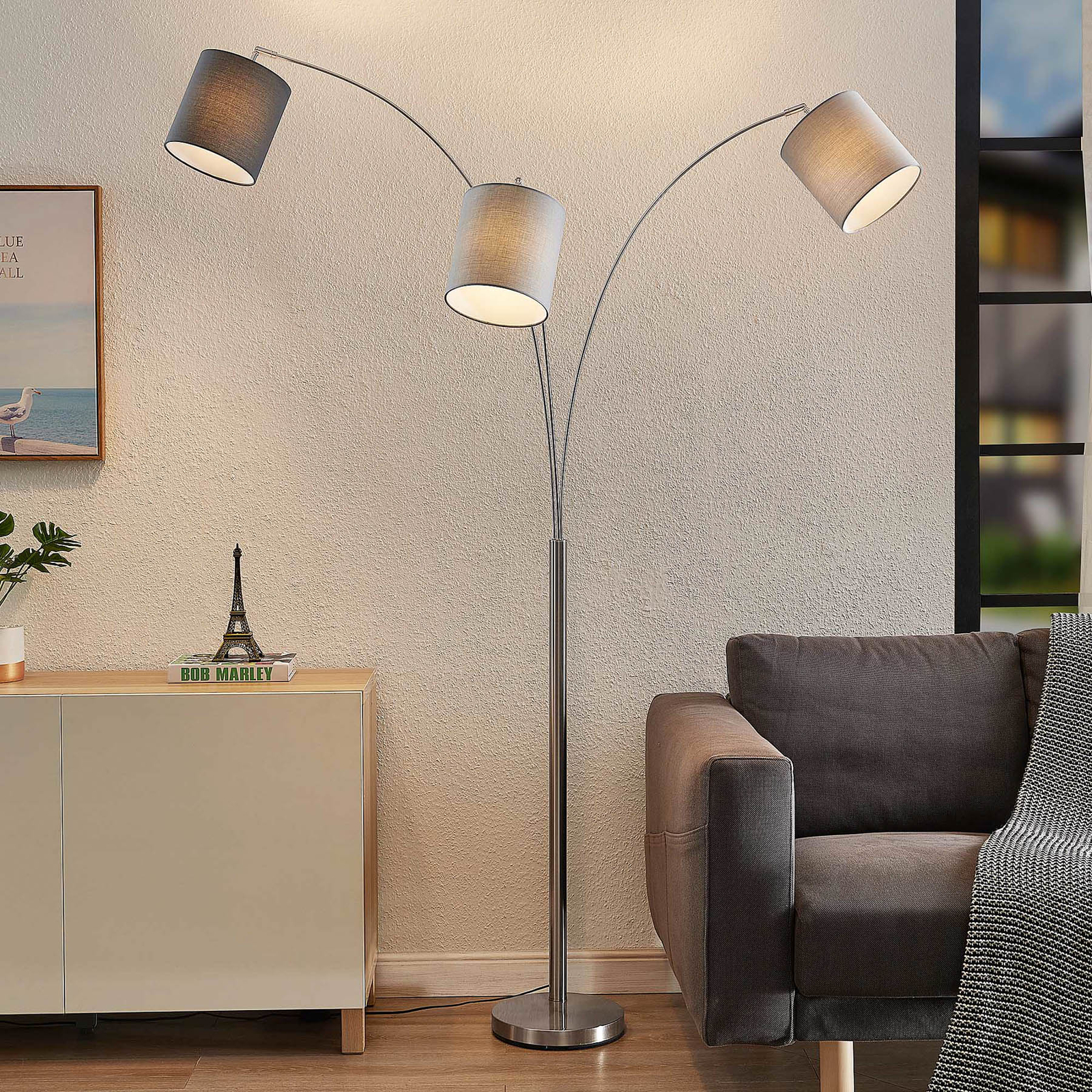 Lindby Nanika floor lamp, nickel/grey/taupe