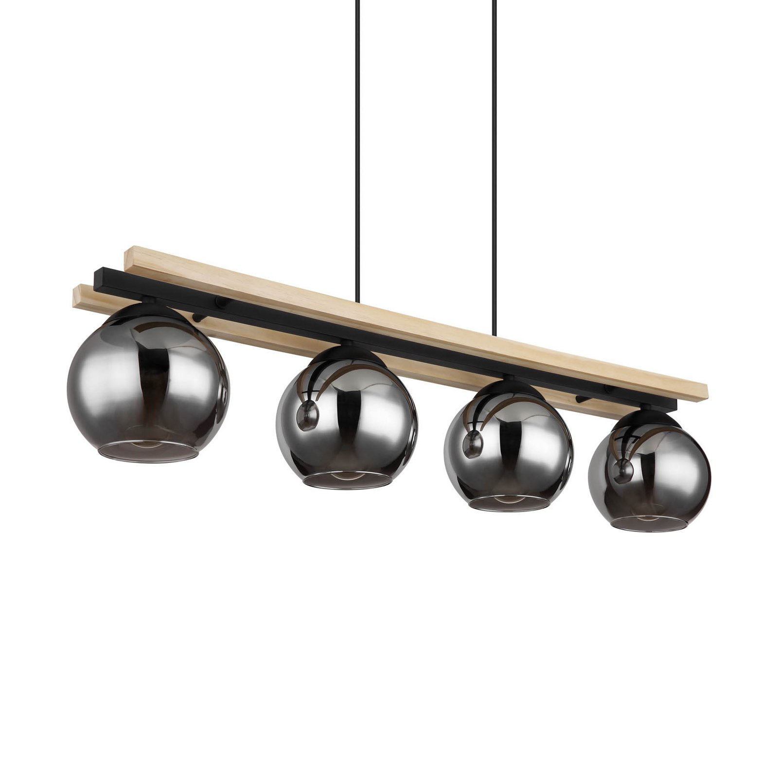 Suspension Conni, longueur 85 cm, gris fumé, bois/verre, 4 lampes