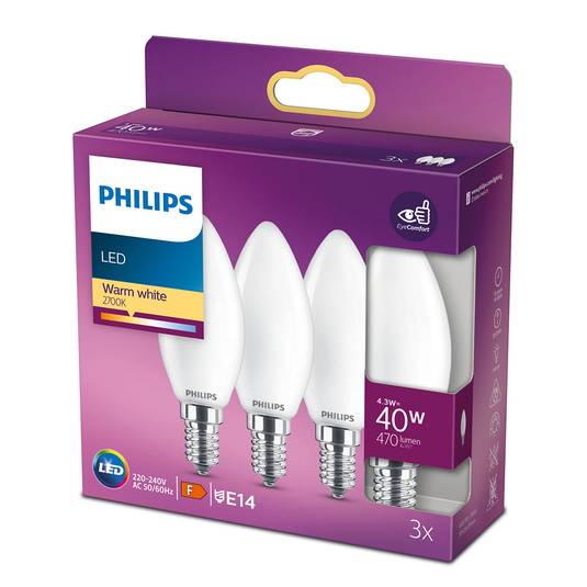 Philips vela LED E14 B35 4,3W mate paquete de 3