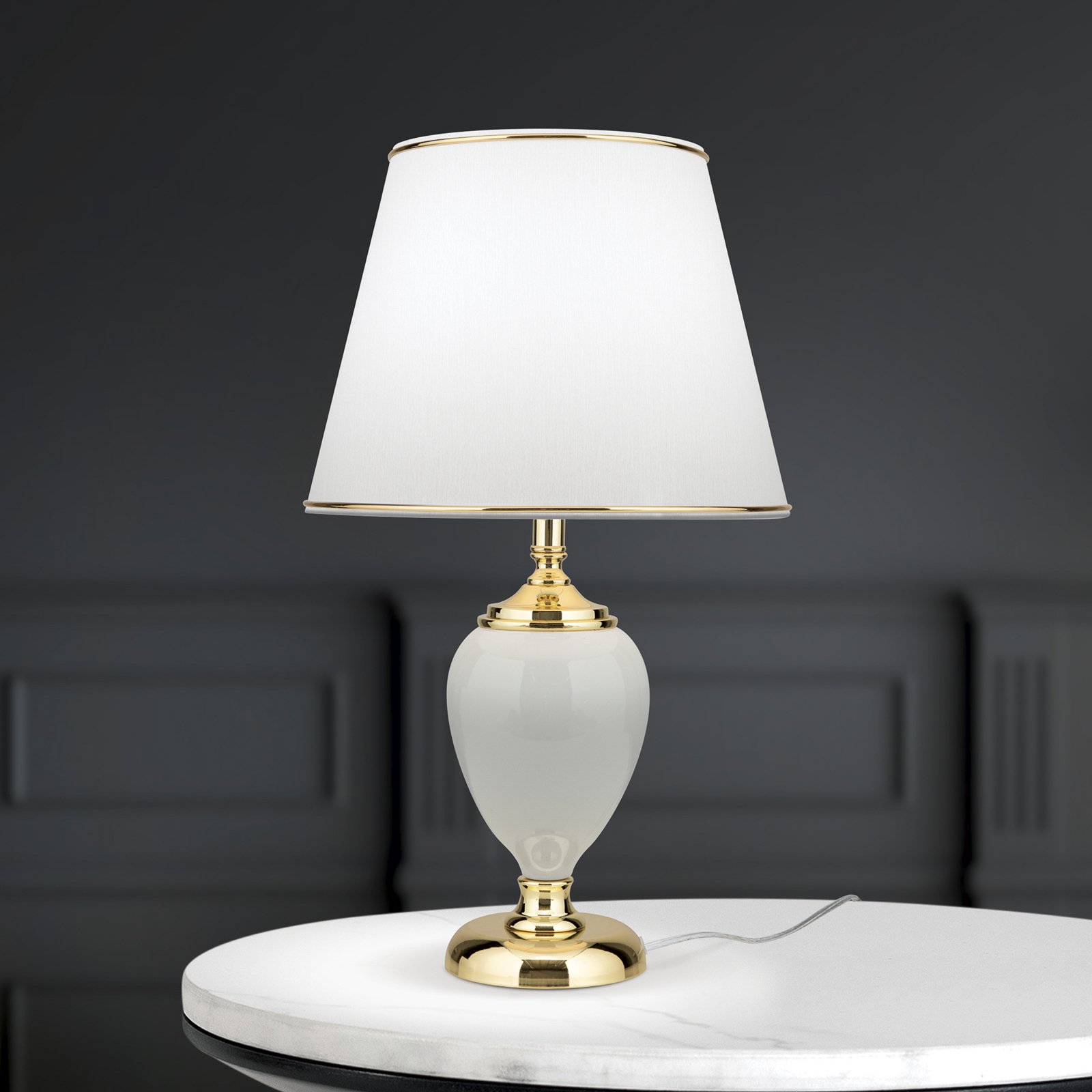 Ovum table lamp, white/gold-coloured, height 48 cm, ceramic/chintz