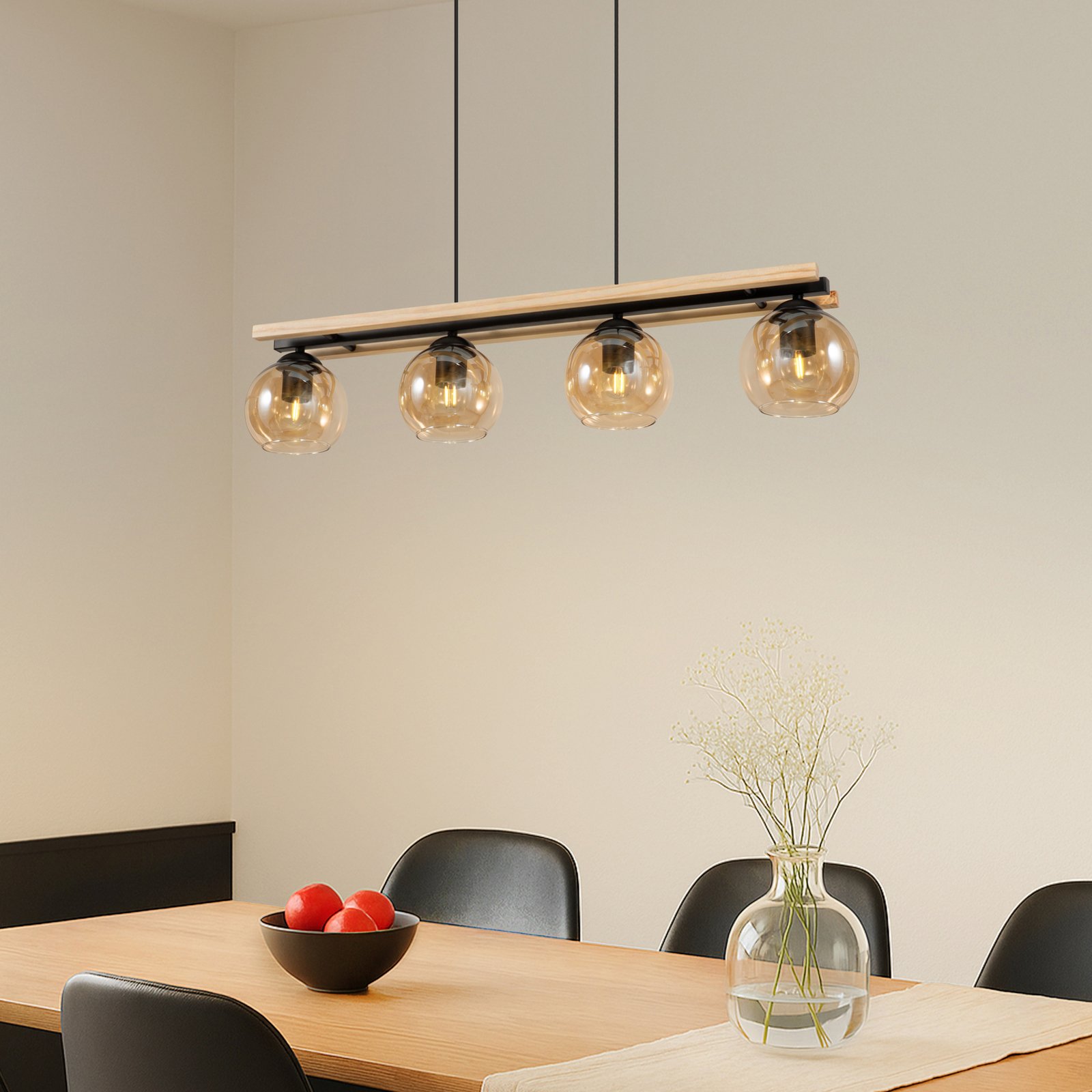 Lindby hanglamp Enrique, amber, 4-lamps, glas, hout, E27 Lindby hanglamp Enrique, amber, 4-lamps, glas, hout, E27