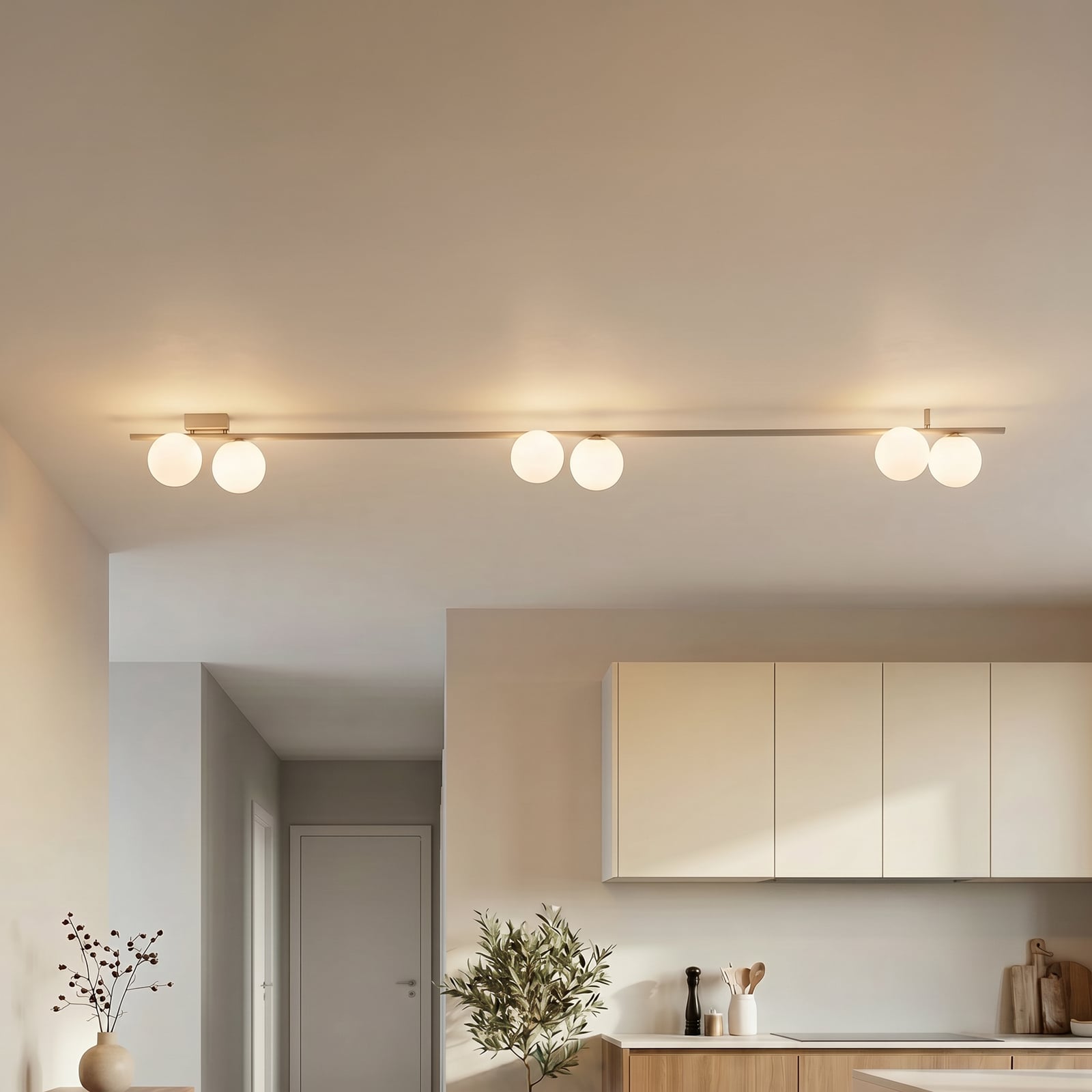 Plafondlamp Imelo, crème, 6-lamps, glas, lengte 200 cm
