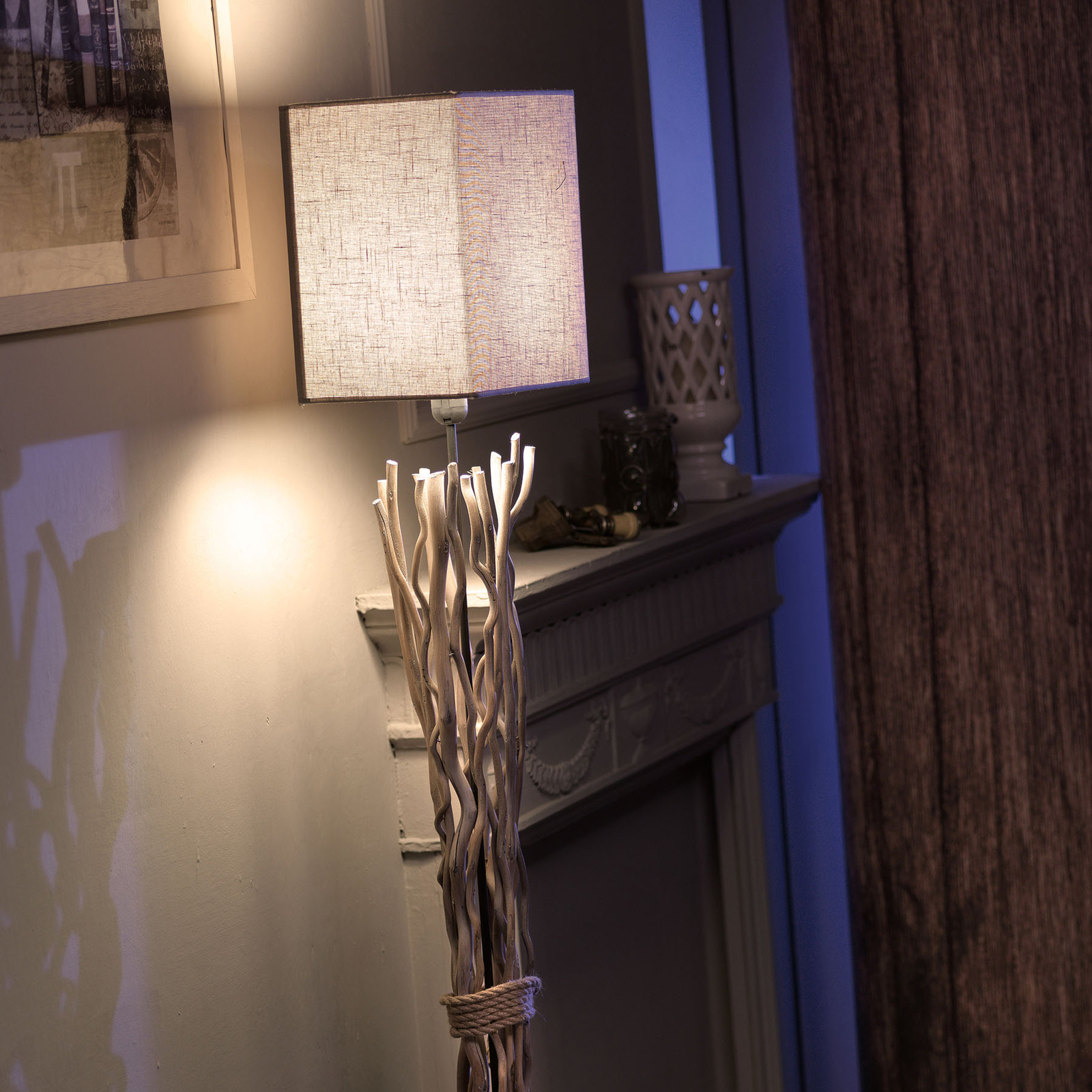 ONLI Marica floor lamp, fabric lampshade, wood element, for Living / Dining Room, fabric, wood, E27, 22 W, energy efficiency: A++, L: 26 cm, W: 24 cm, H: 168 cm