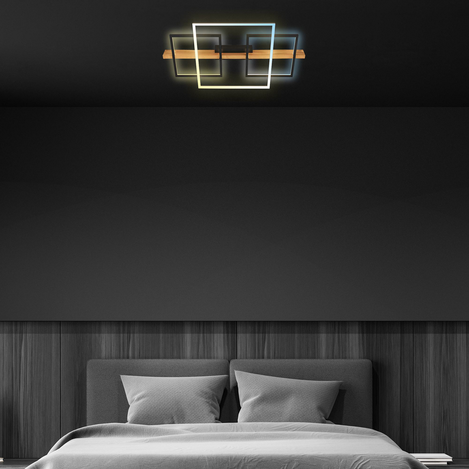 Cadre LED ceiling light, CCT, 75 cm, black, wood
