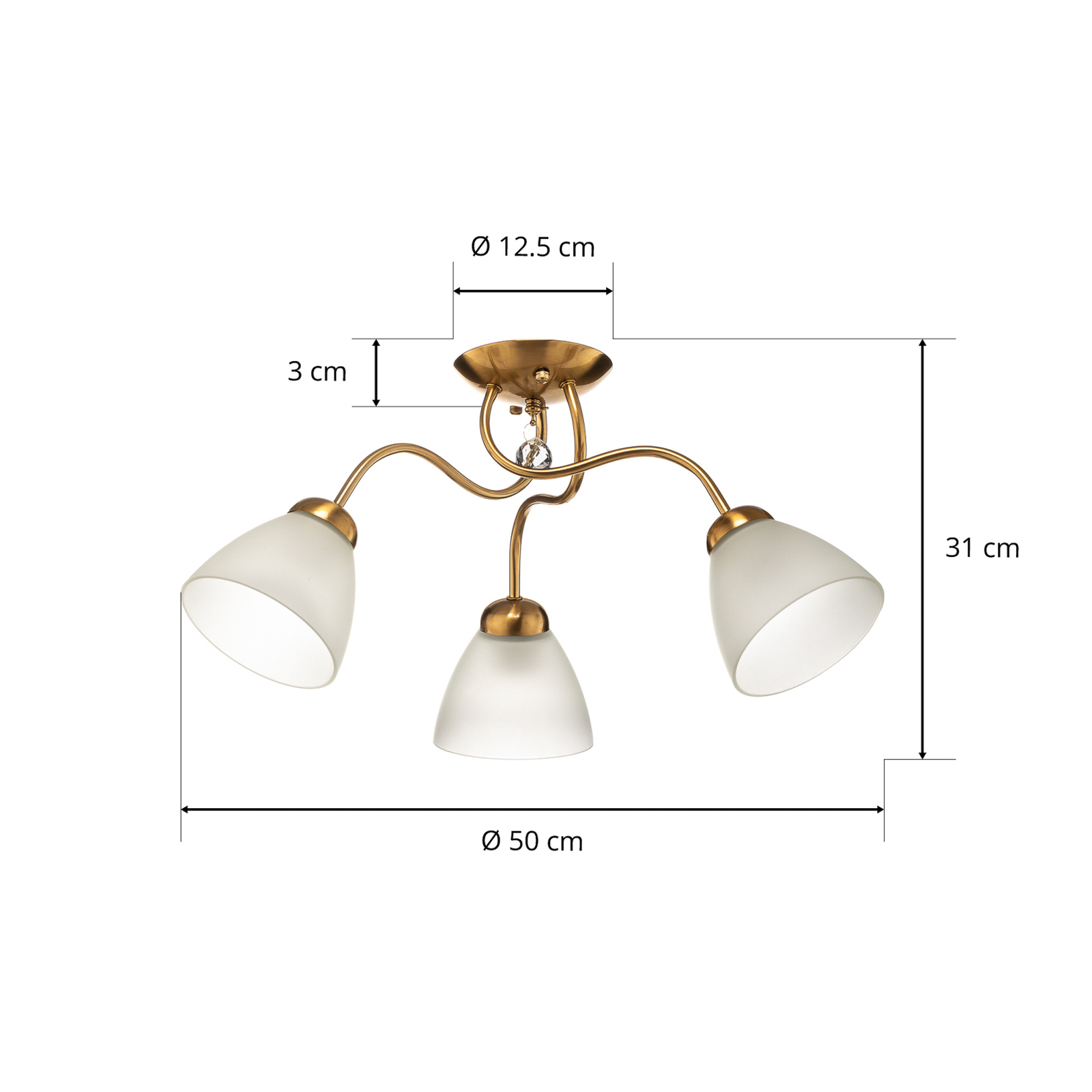 Miranda ceiling light, three-bulb, brass