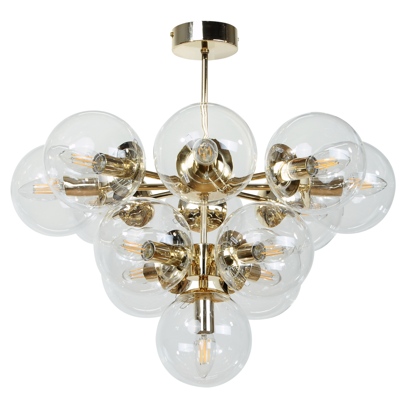 Zumba ceiling light, gold/clear, 13-bulb, glass