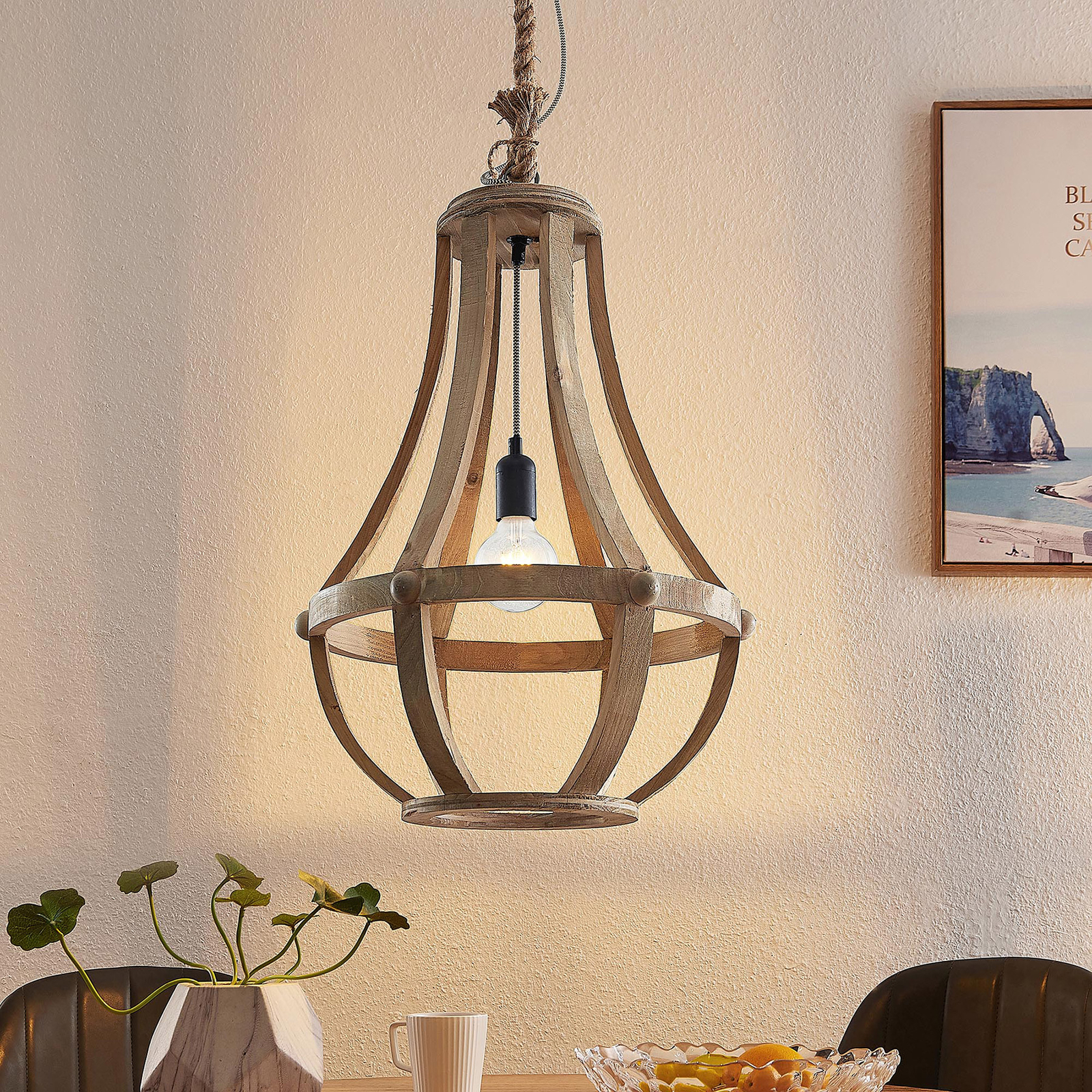 Lindby Tojaka lampada sospensione di legno, 42 cm
