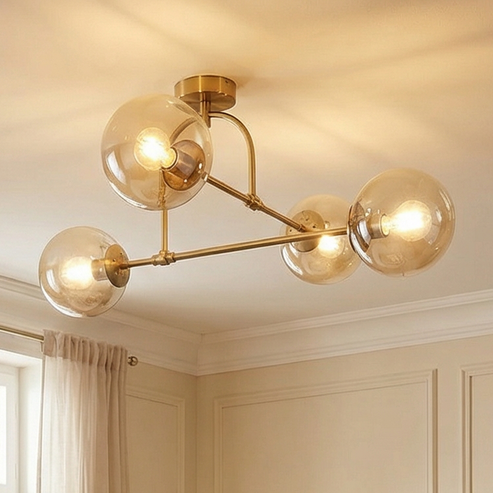 Deckenleuchte Portemo, messing, Länge 83 cm, 4-flammig, Glas