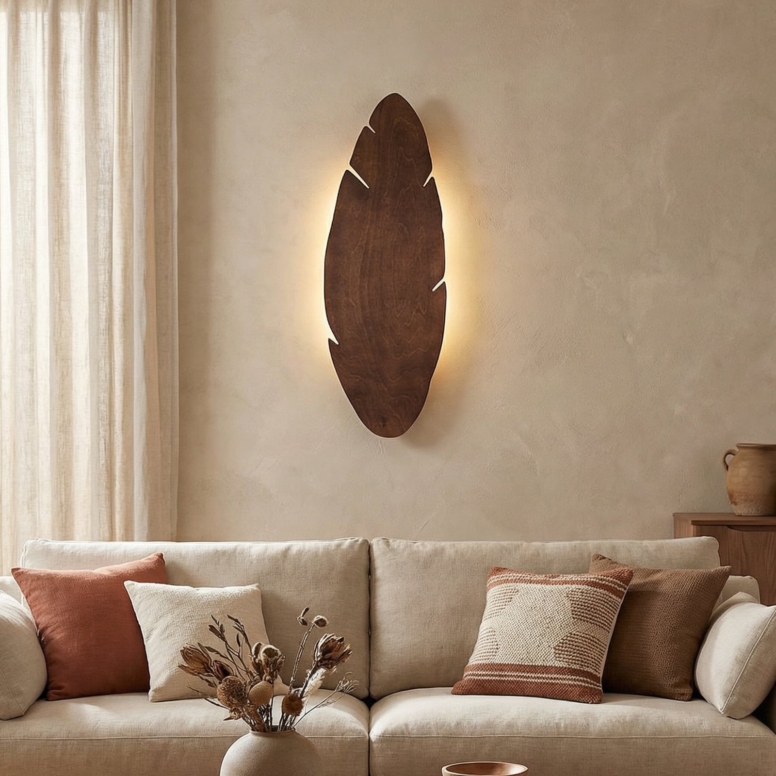 Envostar-vegglampe Lehti, bladformet, valnøtt, 69 x 24 cm