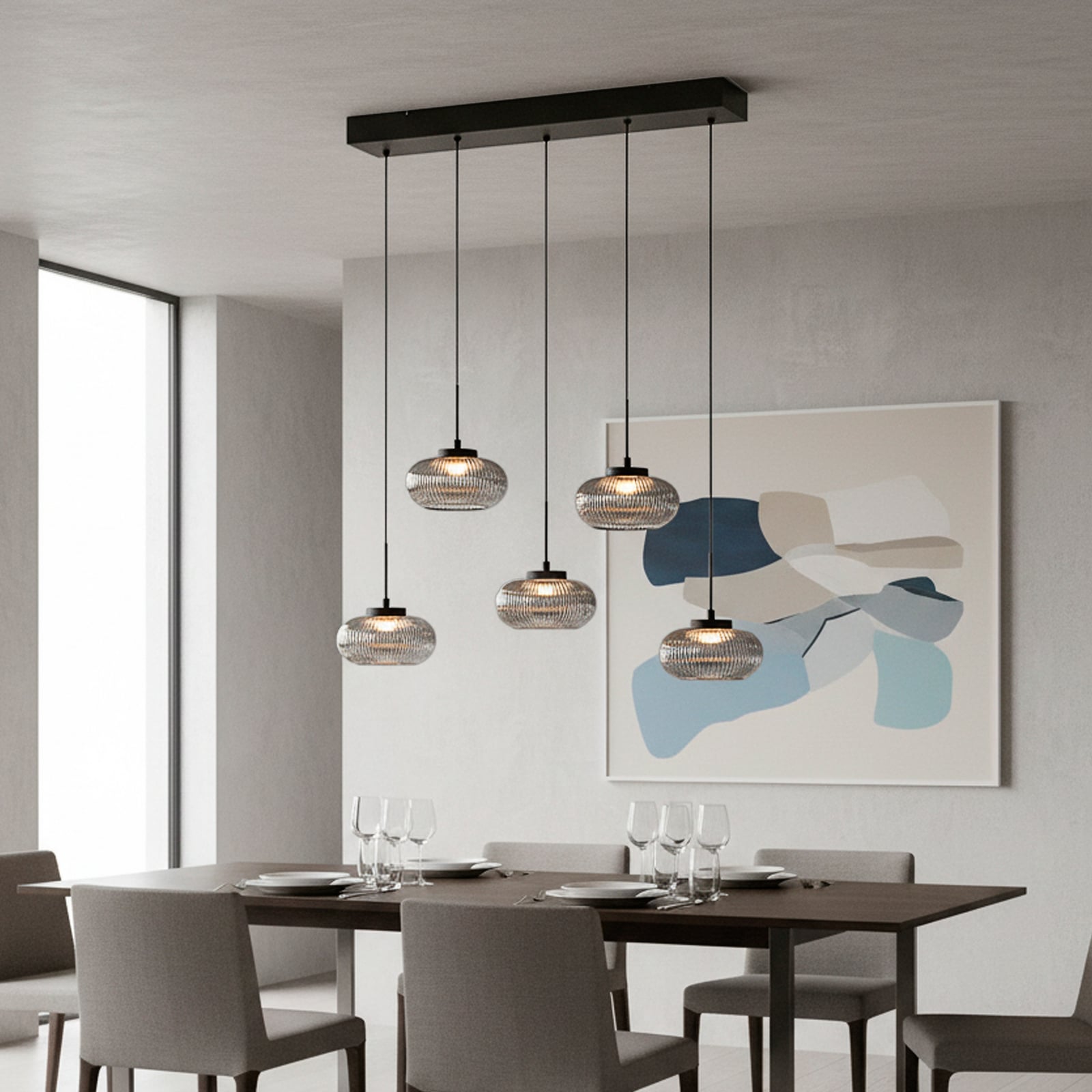 Lámpara colgante LED Noctis, 5 luces, gris ahumado, cristal, atenuable, 3.000 K