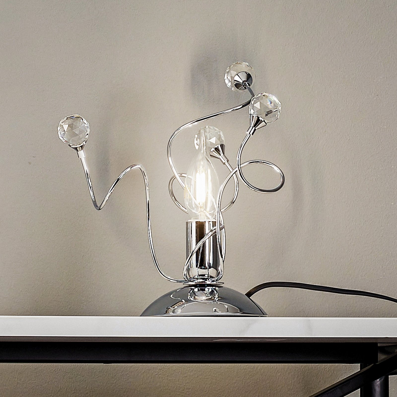 Bordslampa Trilly, krom och kristaller, höjd 27 cm