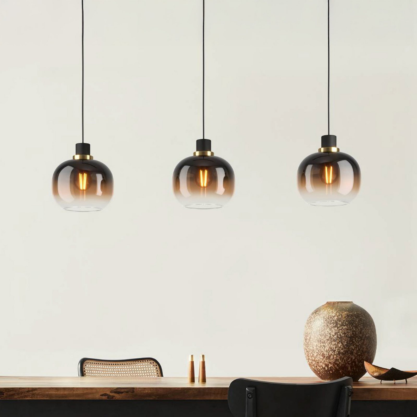 Oilella hanging light, black-brown, length 95 cm, glass, 3-bulb.