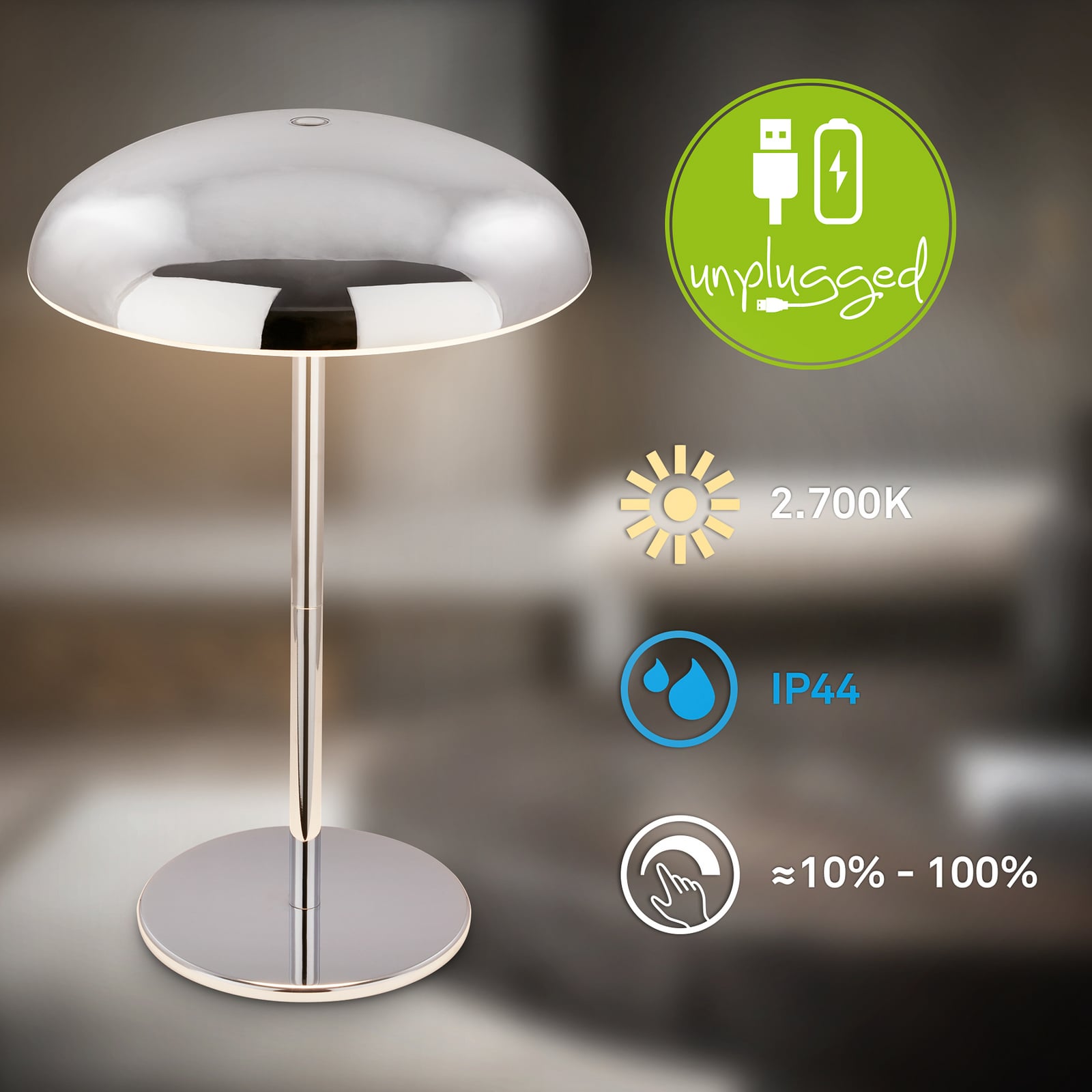 LED акумулаторна настолна лампа Brilo unplugged Caxa 30 cm, хром