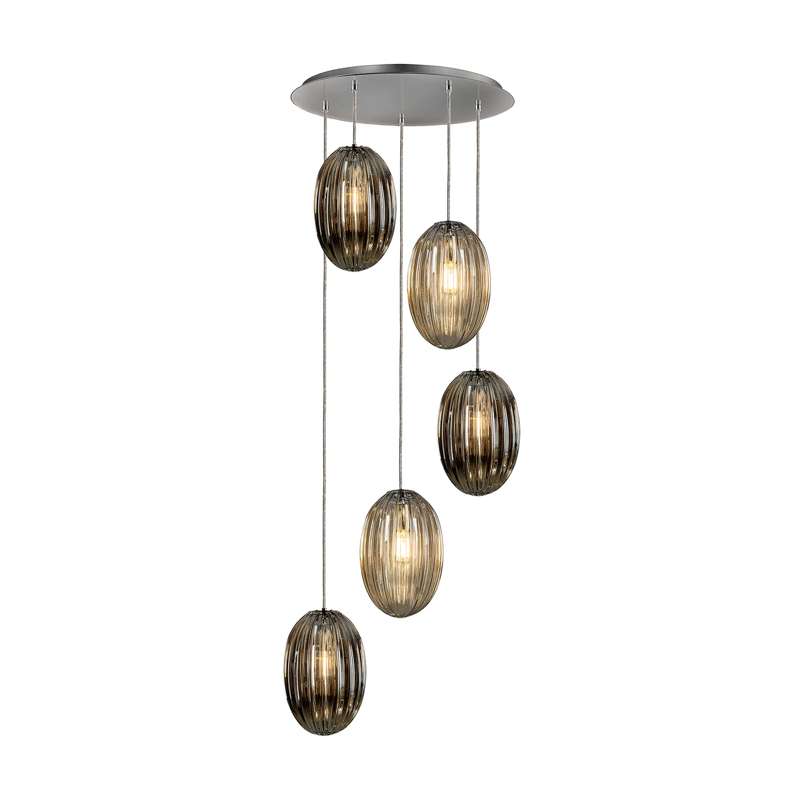 Hängeleuchte Ovila, 5-fl., rauchgrau/cognac, Metall, Glas