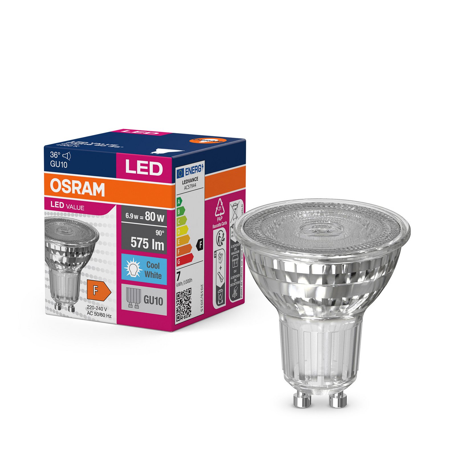 OSRAM LED spuldze ar atstarotāju GU10 6,9 W 36° 840 caurspīdīga