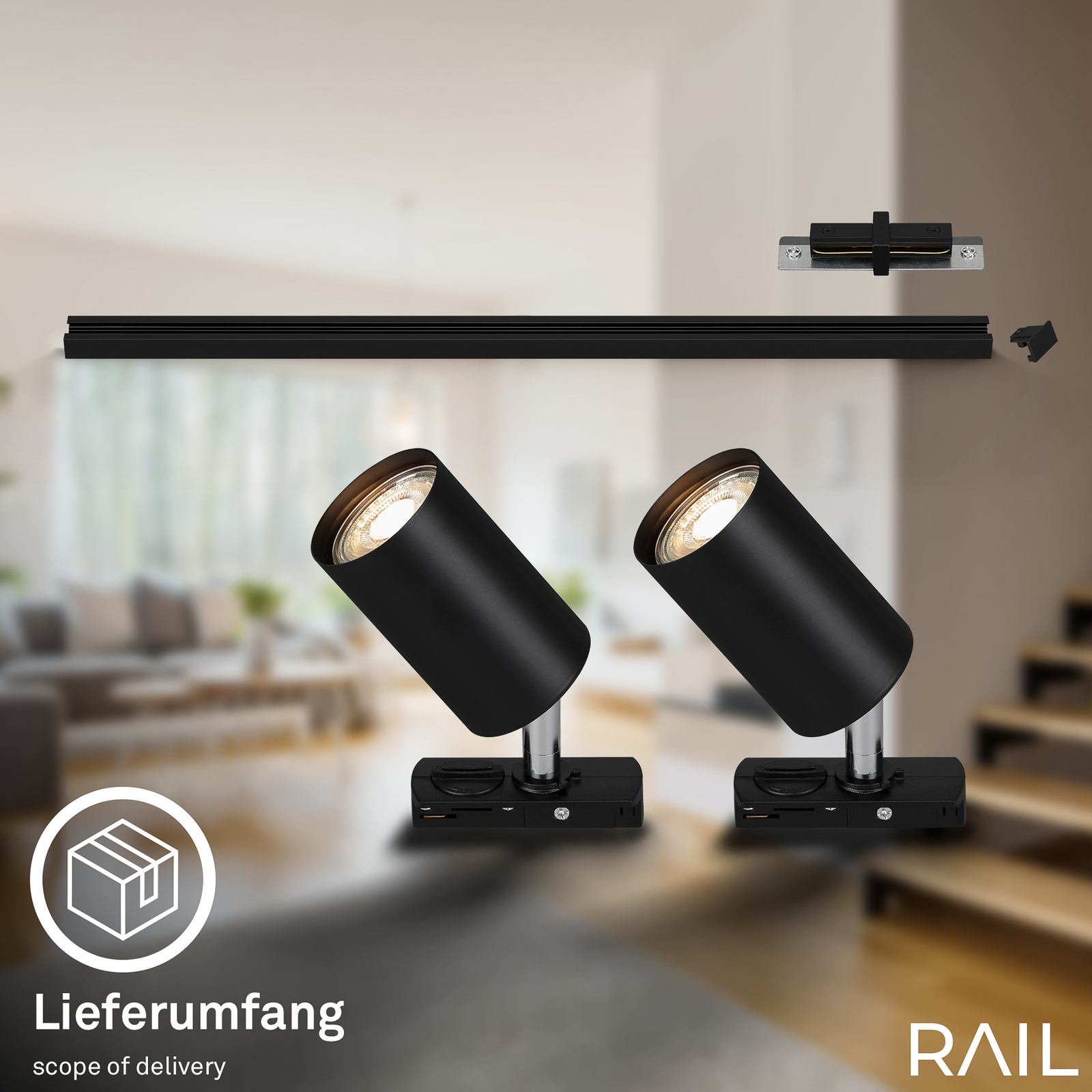 Kiskojärjestelmän laajennus, musta, 80 cm kisko, 2 spotti