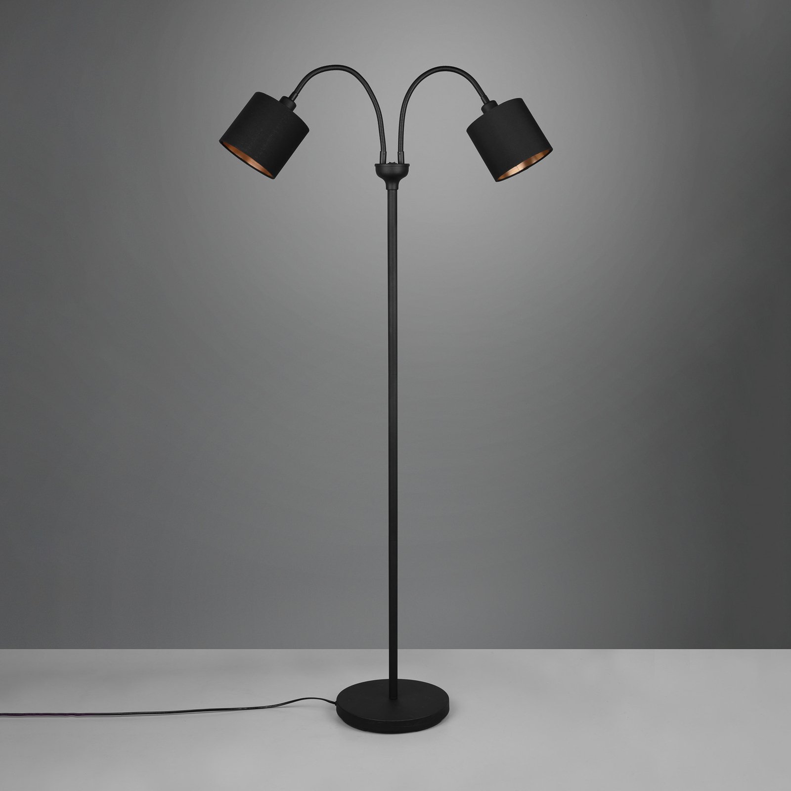 Tommy floor lamp, black/gold, height 130 cm, 2-bulb fabric