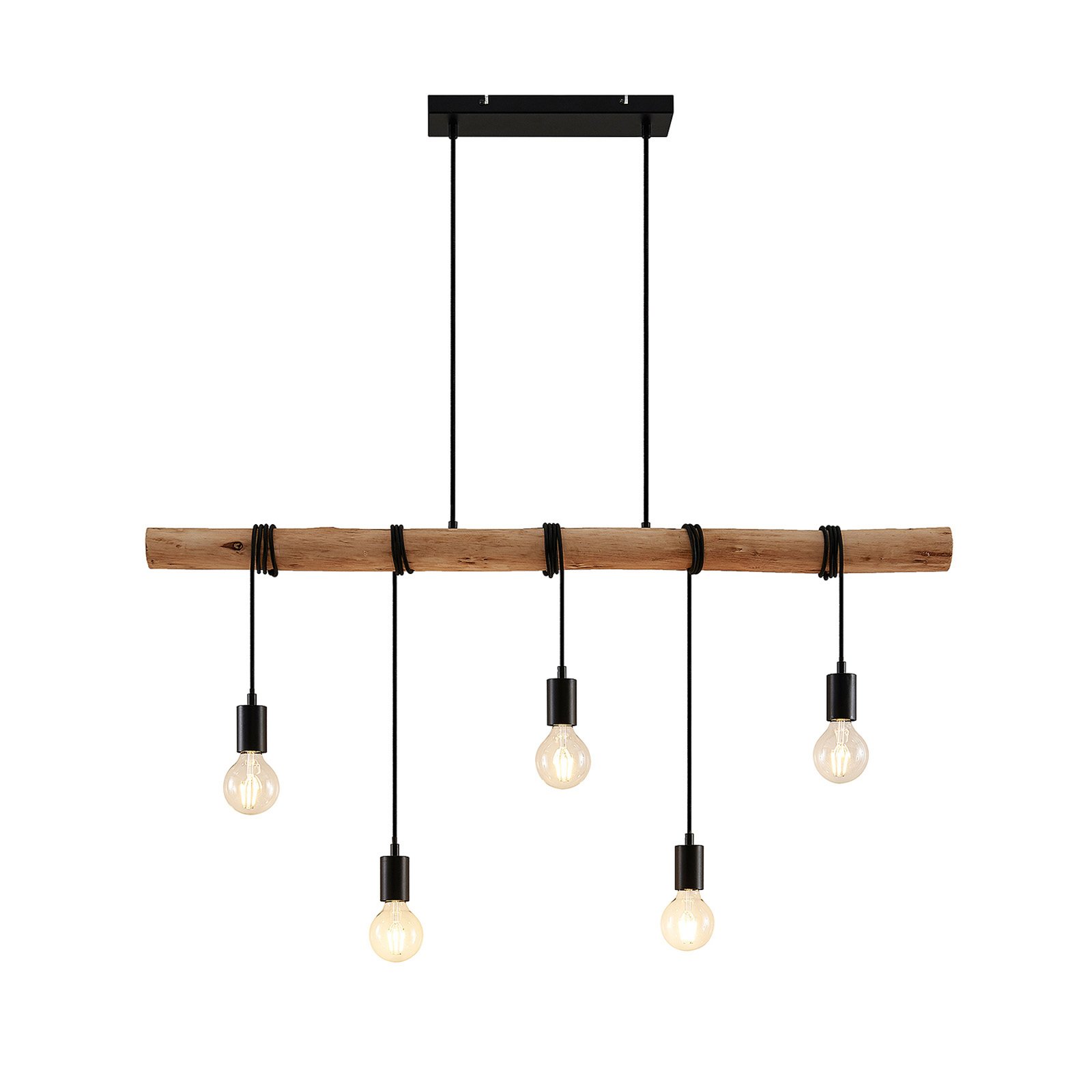 Lindby hanglamp Rom, 5-lamps, hout, touw, zwart, E27