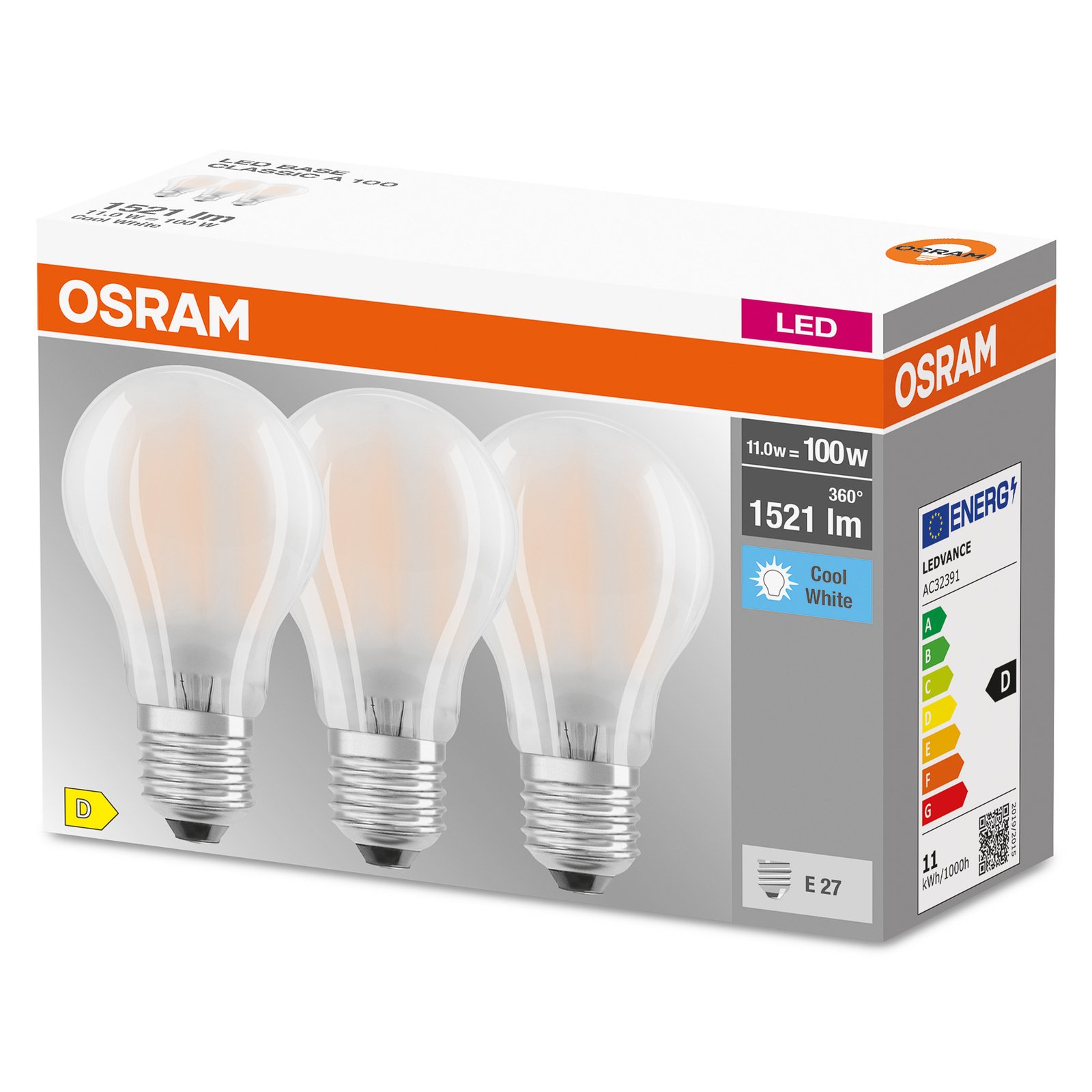 OSRAM 3 ampoules LED E27 Base CL A 11W 4 000K mat Luminaire.fr