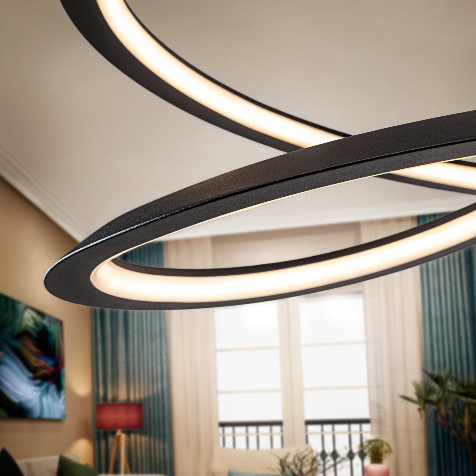 Looping LED pendant light, black. Metal, aluminium. Ø 60 cm