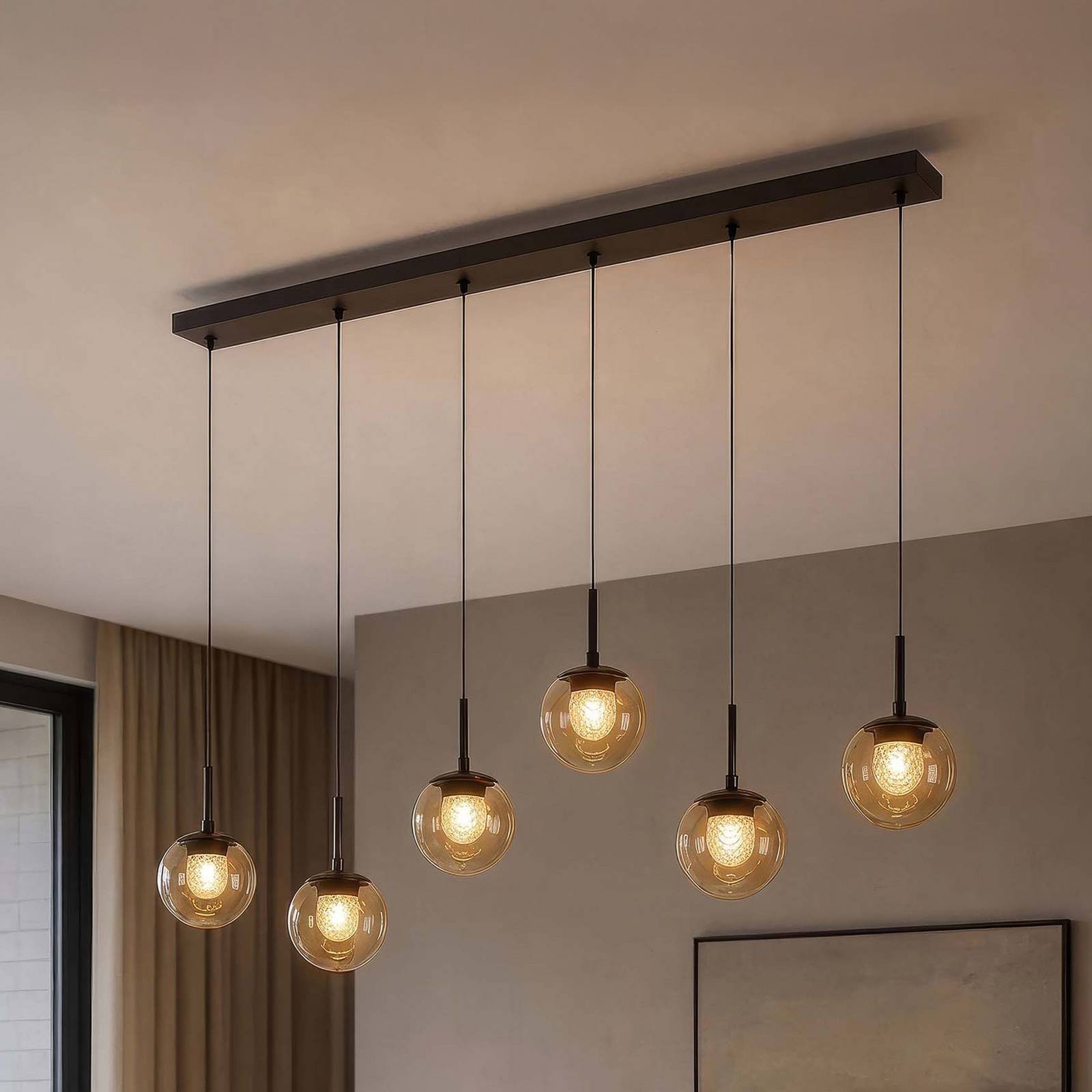 Żyrandol LED Solis, 7-punktowy, długi, brązowy, szkło, 2 700 K