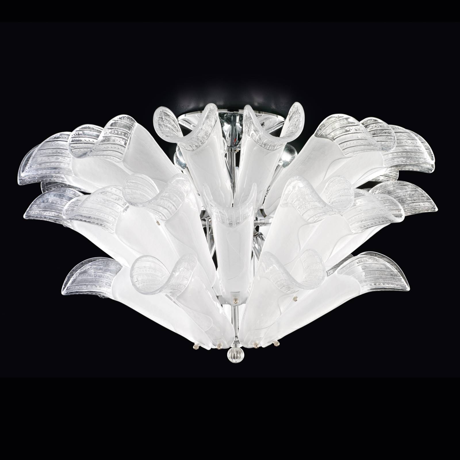 Plafoniera Petali, vetro di Murano, bianco-cromo