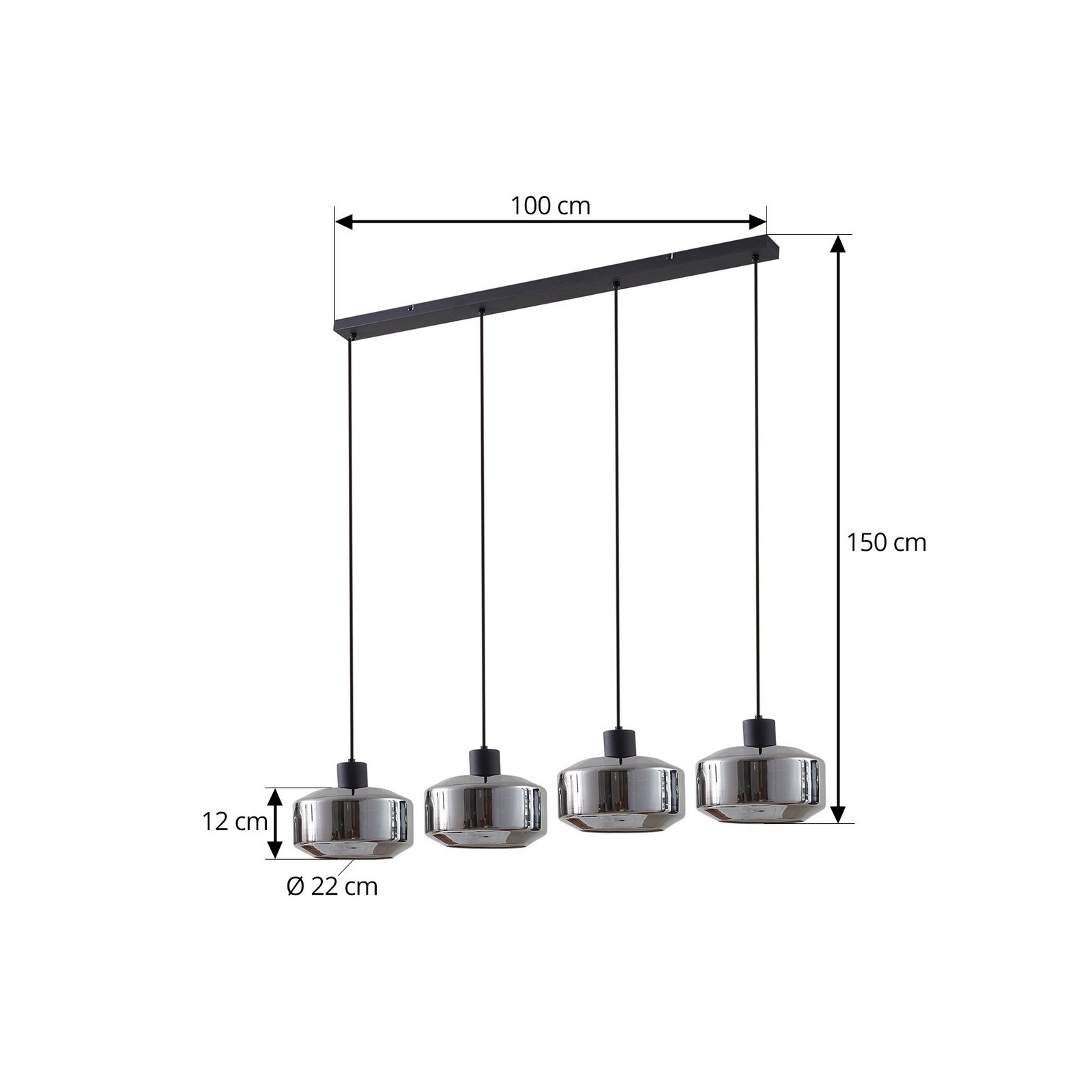 Hildur 4 Lampada a Sospensione 115cm Fumé Grigio/Nero - Lindby