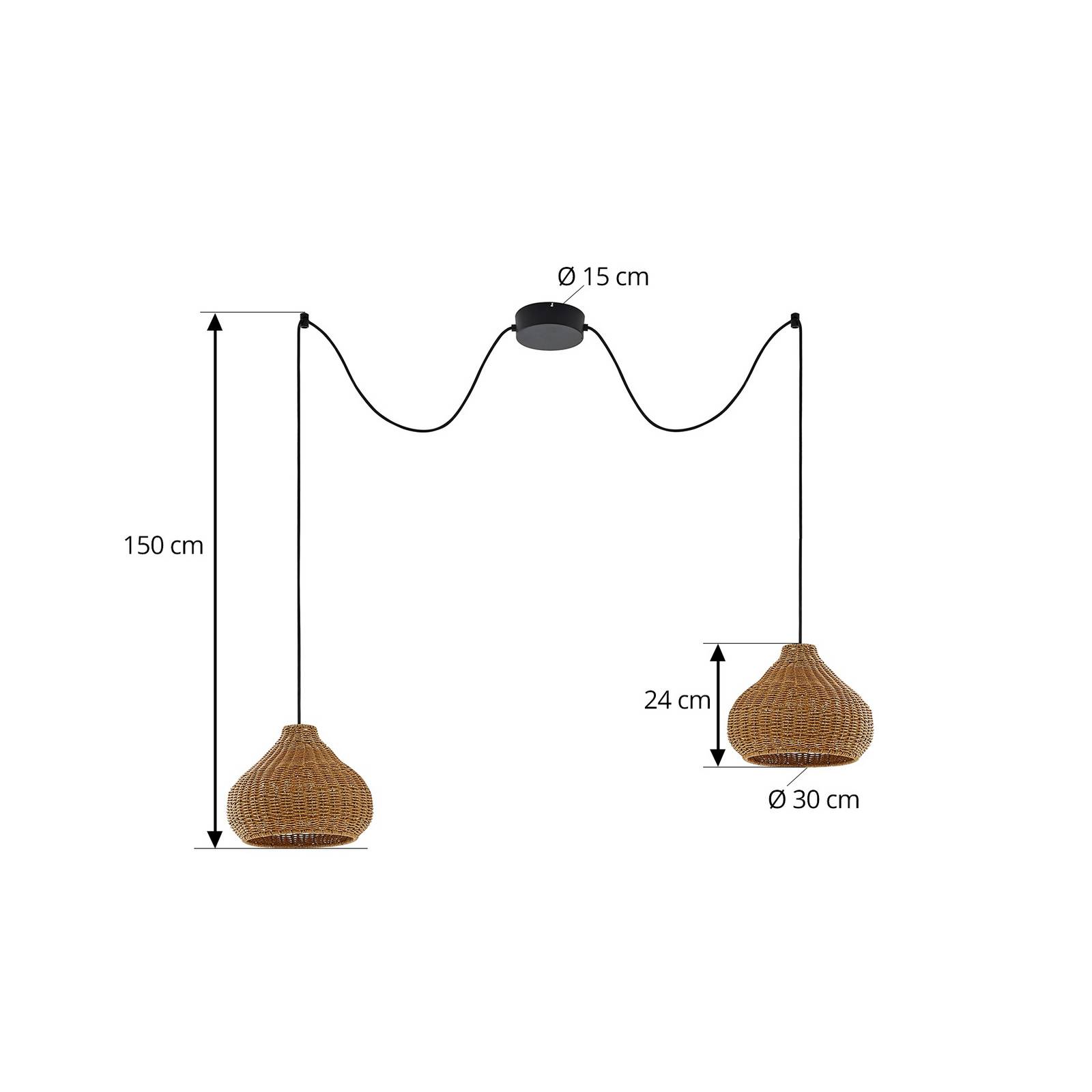 Zewnętrzna lampa wisząca Lucande Taniola, 2-punktowa, beżowy, rattan, IP44