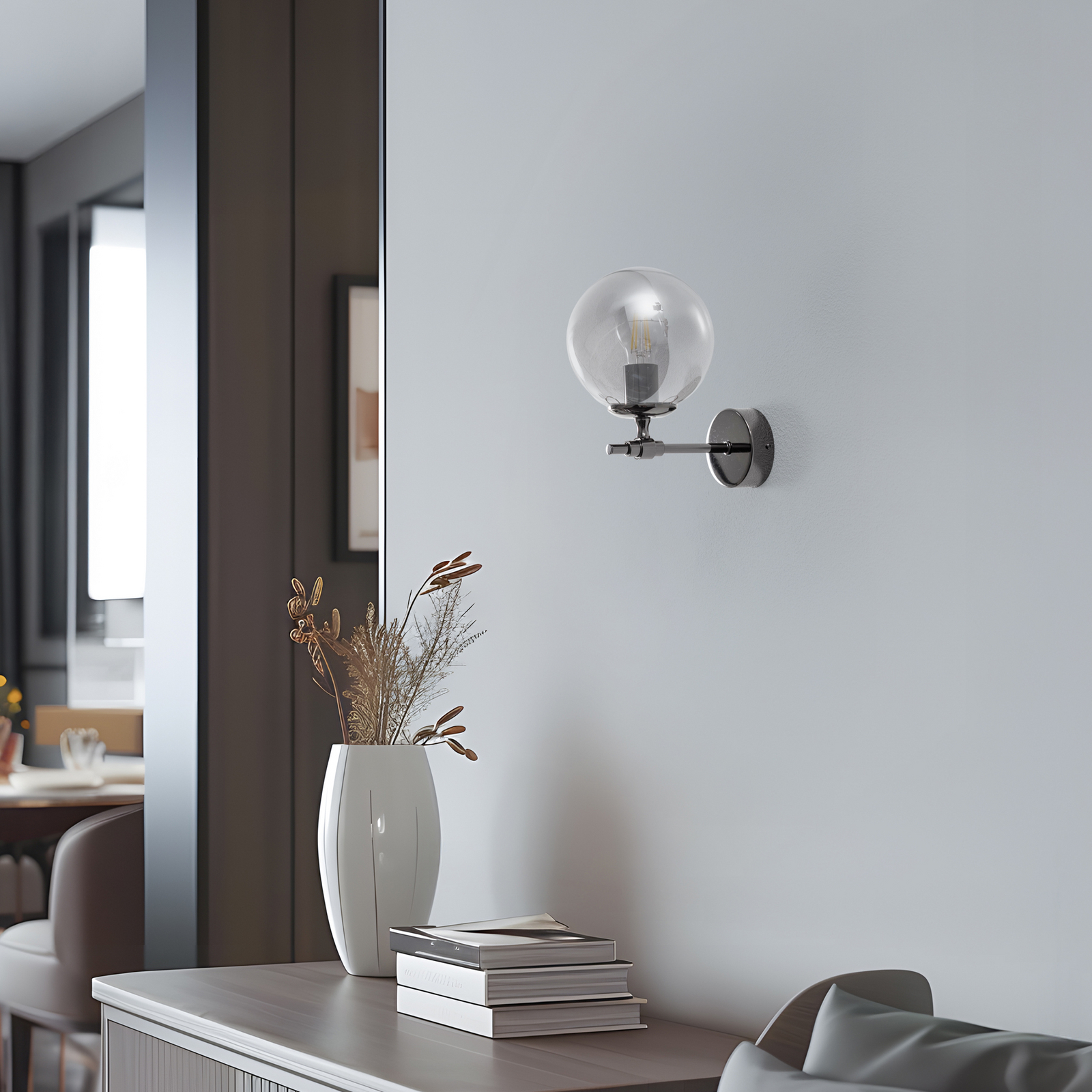 Portemo wall light, smoky grey/nickel, height 27 cm, glass
