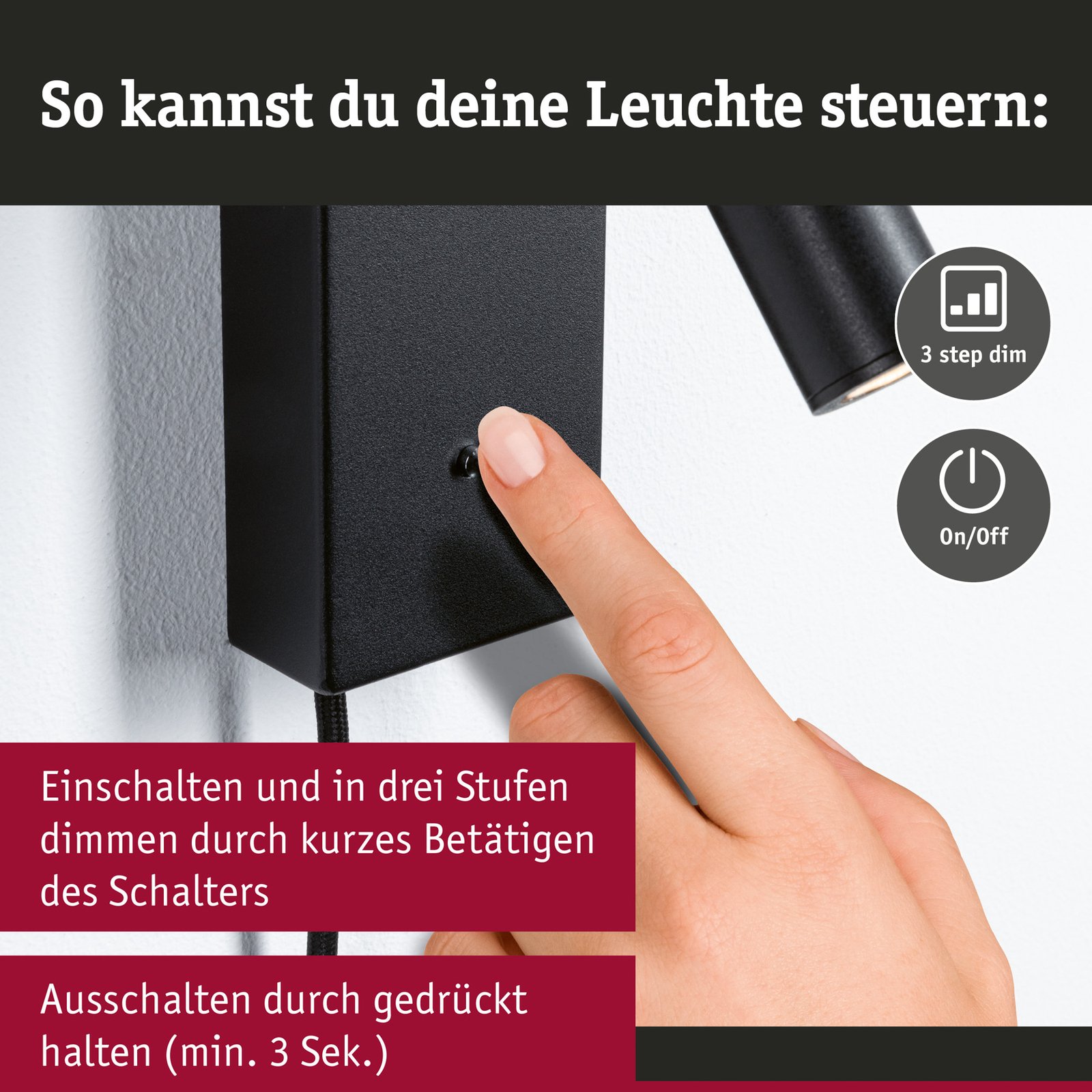 Hulda LED Zidna lampa USB C 3-step Dim. Mat Crna - Paulmann