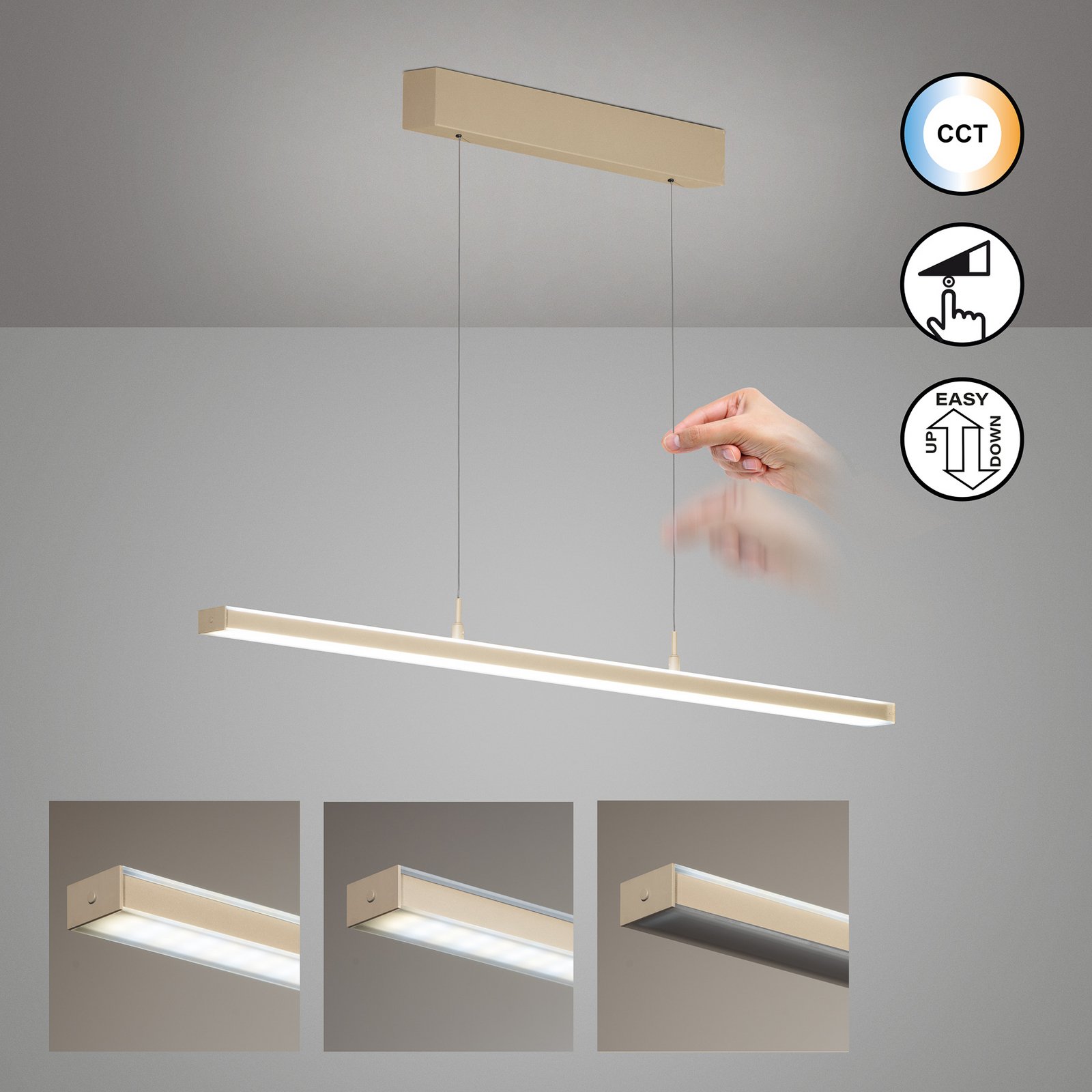 Lámpara colgante LED Valeno, arena, longitud 115 cm, CCT, regulador táctil Lámpara colgante LED Valeno, arena, longitud 115 cm, CCT, regulador táctil