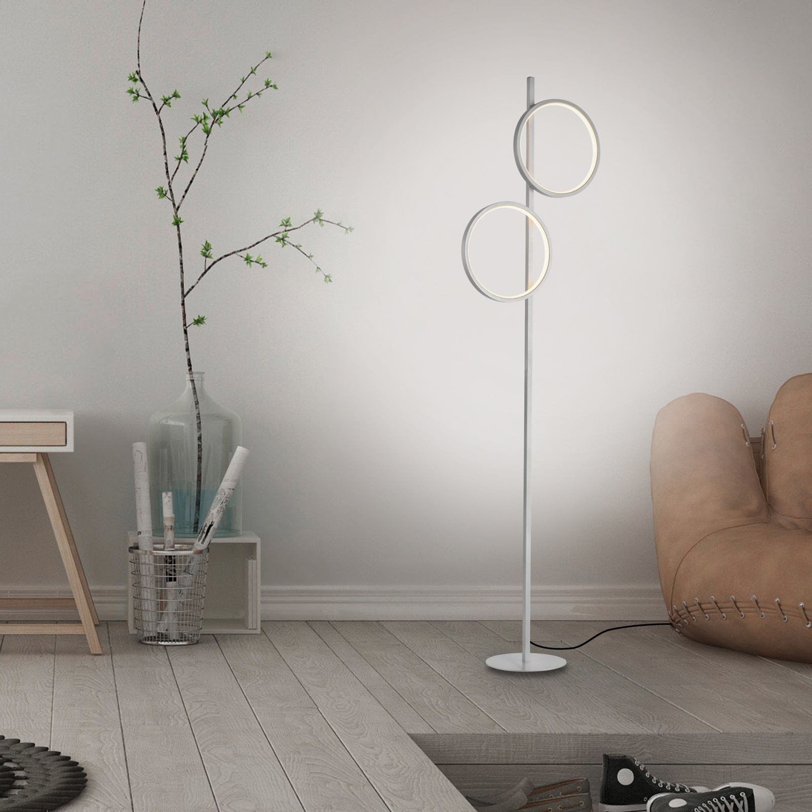 Lampadaire LED Mini-Ritus, argent, fer, 2 anneaux Lampadaire LED Mini-Ritus, argent, fer, 2 anneaux