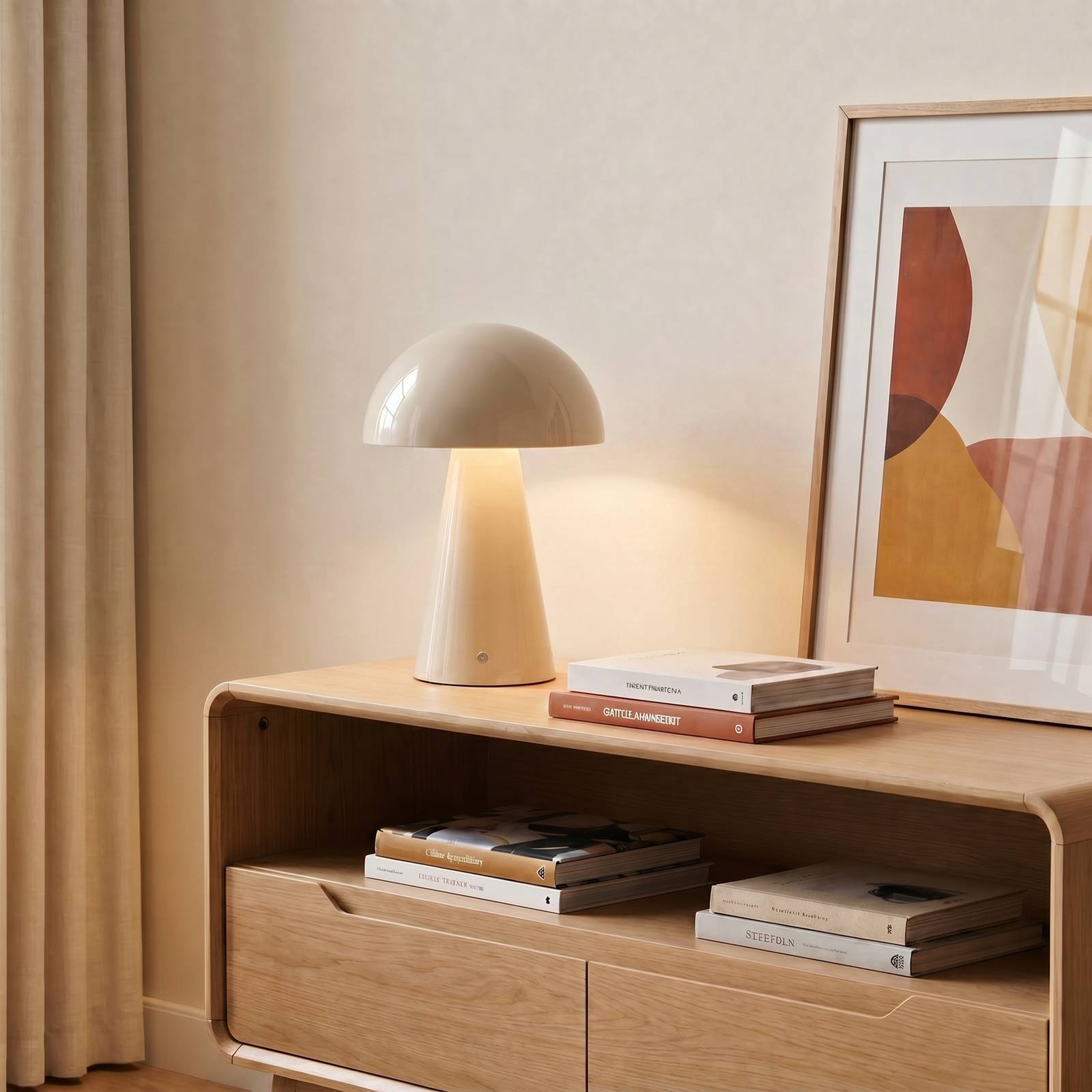Lindby LED-tafellamp op accu Nevijo, beige, Ø 20 cm, USB, dimmer