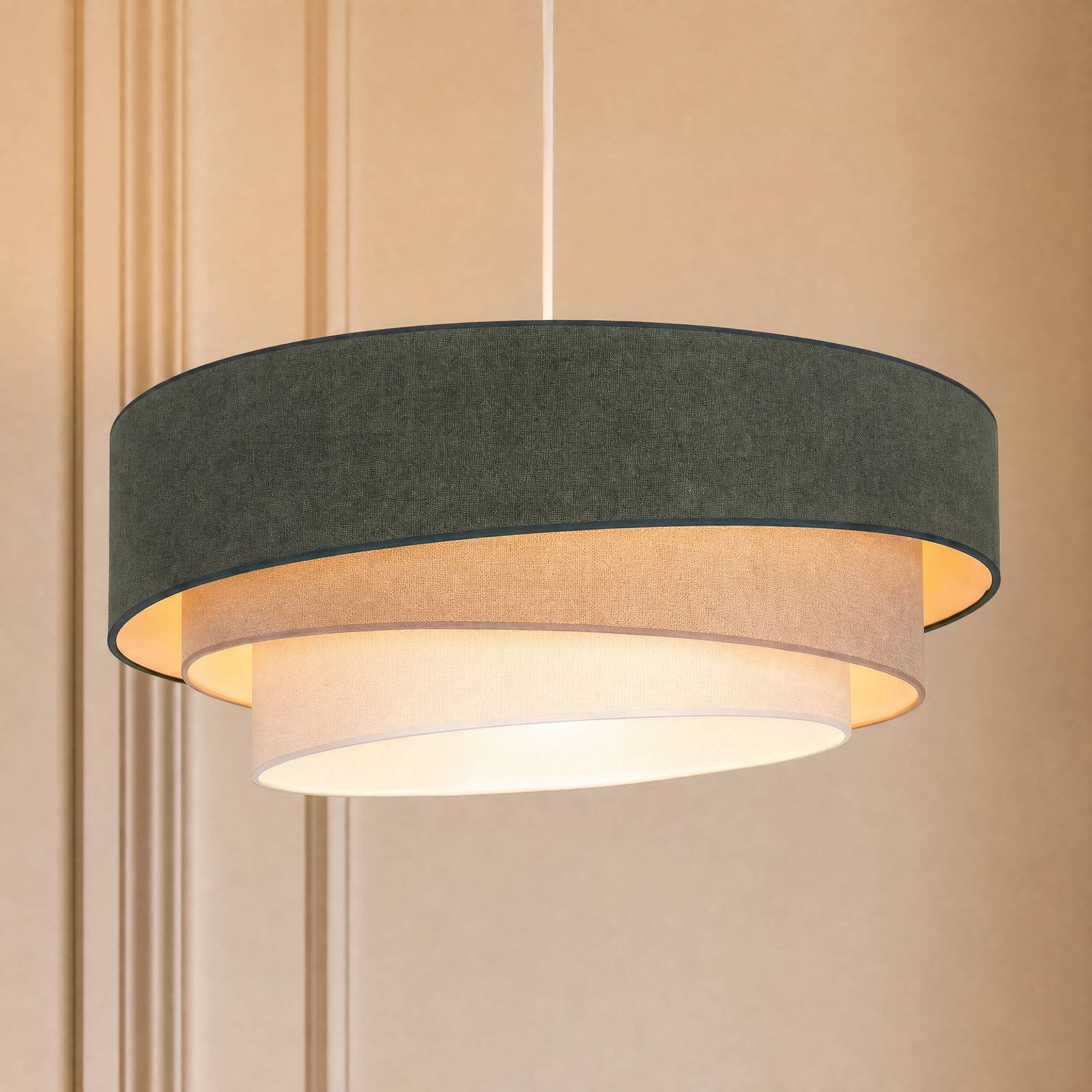 Lampa wisząca Trio, zielono-beżowa, Ø 60 cm, tkanina, E27