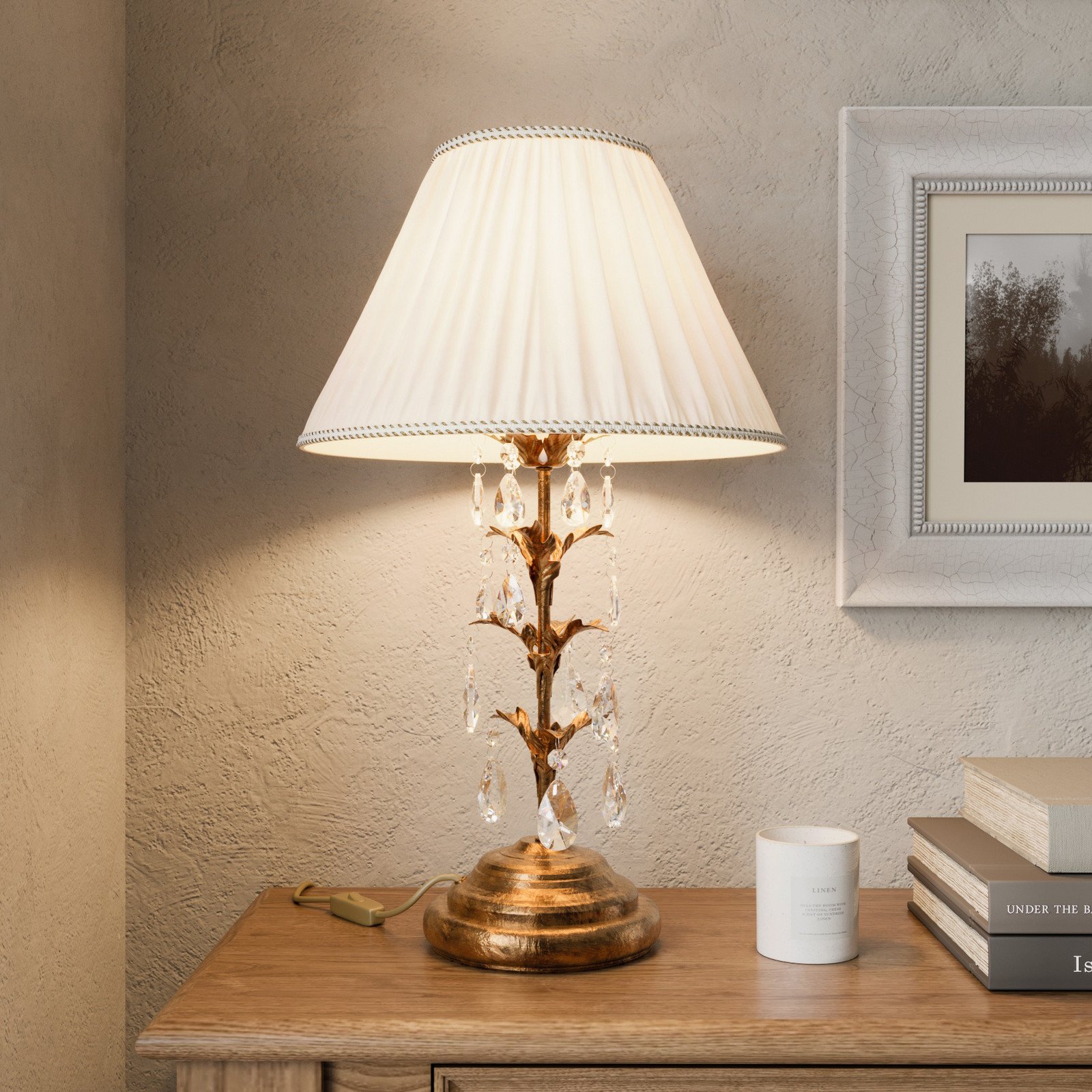 ONLI Lampa de masă Teresa cu cristale și abajur din material textil - Camera de zi / sufragerie - Antichitate - bronz antic transparent alb - Metal