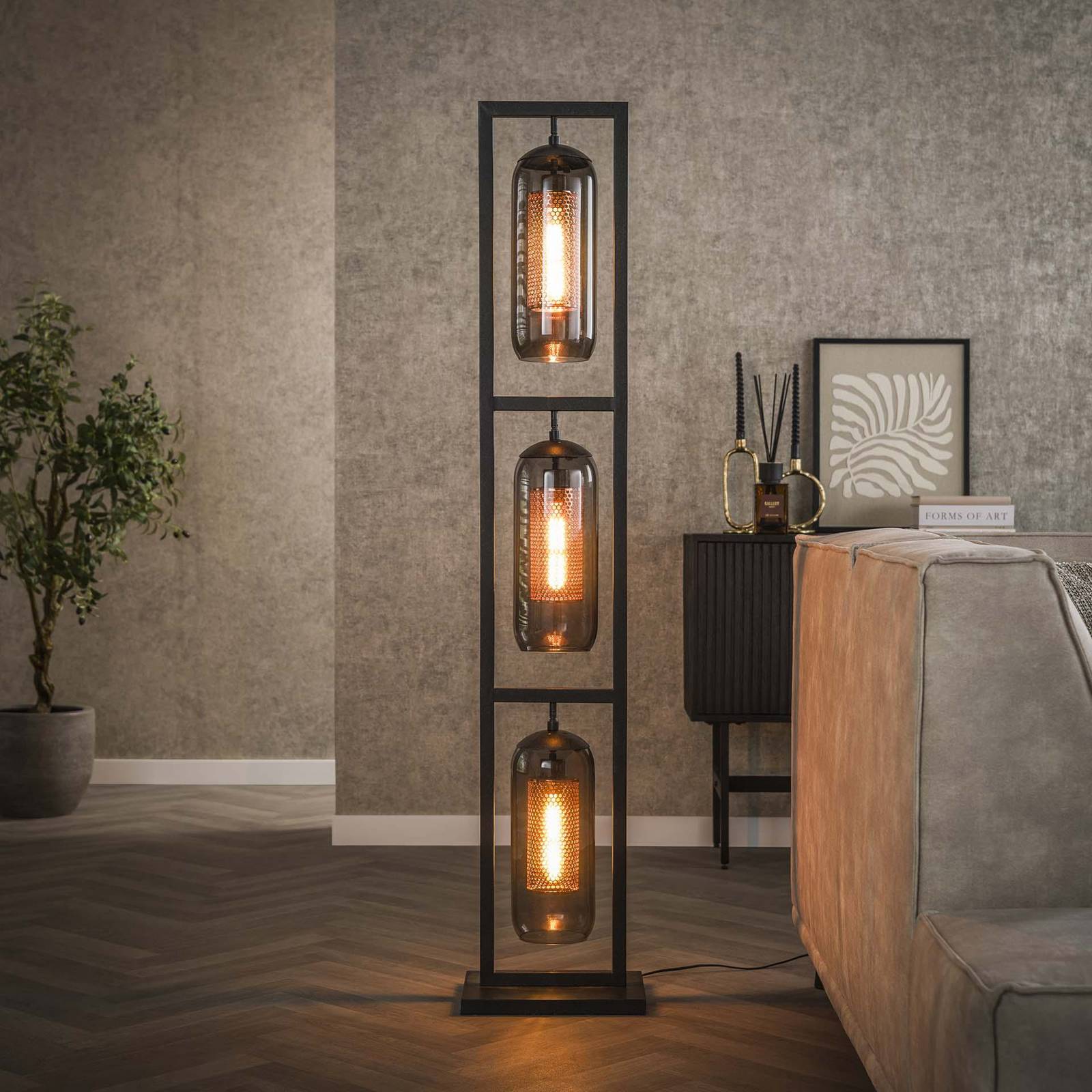 Zijlstra Kamilian vloerlamp, 3-lamps rookgrijs, zwart, glas, metaal