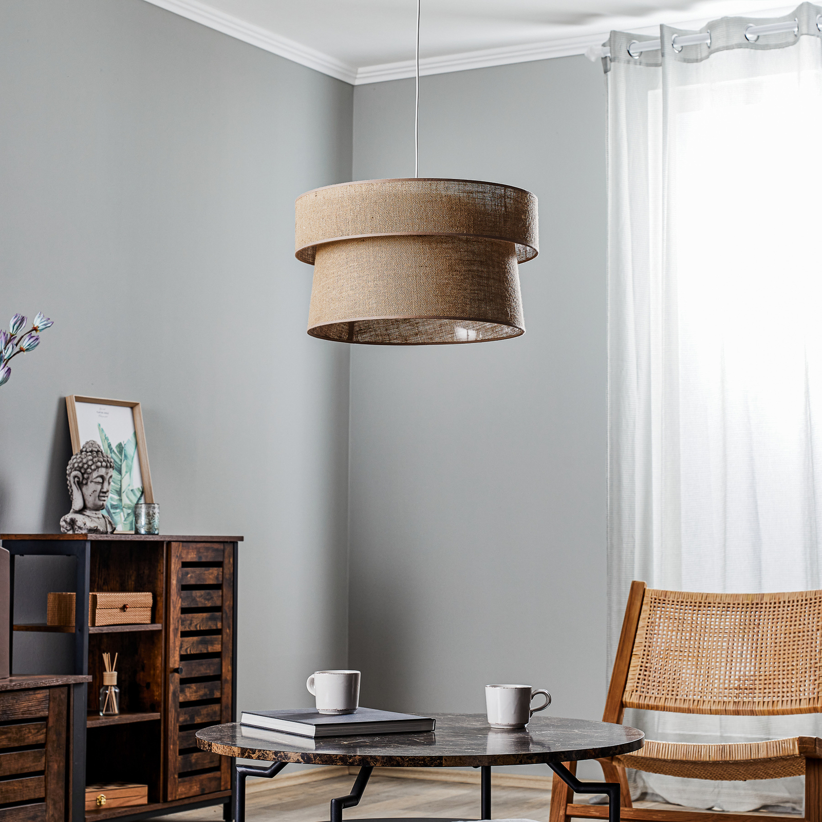 Hanglamp Etnic, dubbele kap, bruine Jute