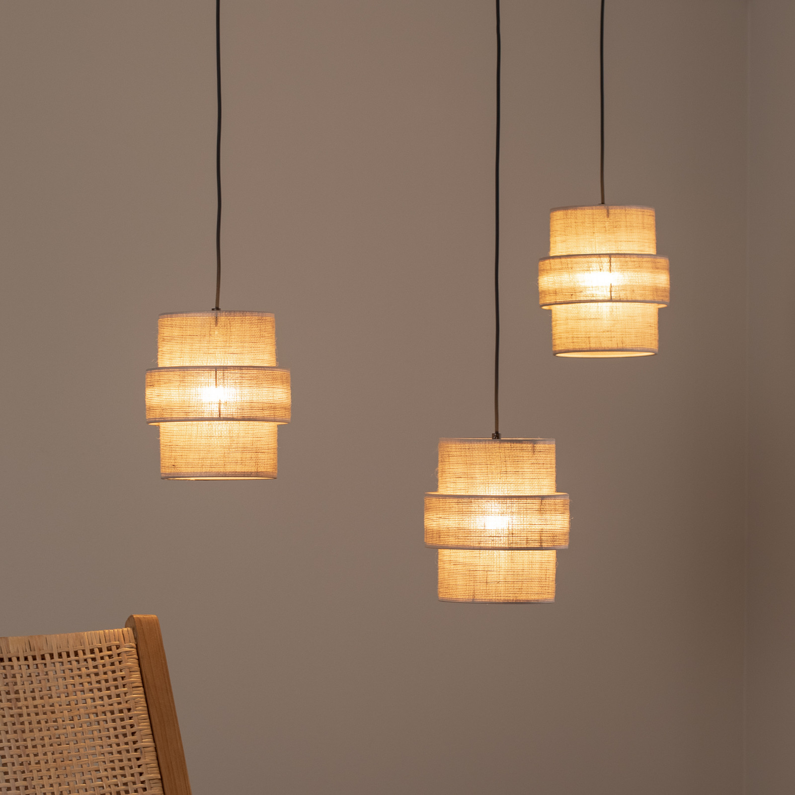 TK Lighting Suspensie Calisto iută maro natural cu 3 lumini descentralizată - Camera de zi / sufragerie - maro natural negru - Țesătură / Textil
