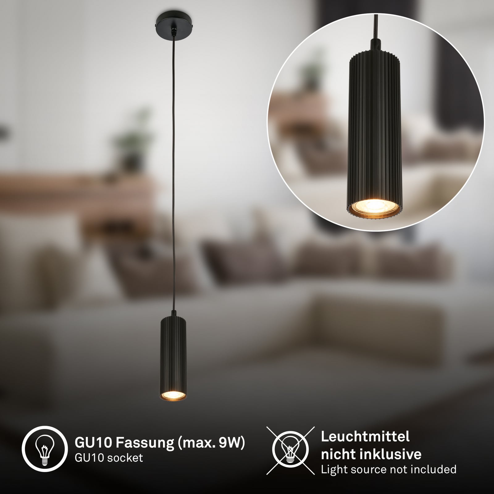 Suspension Ida, noire, à 1 lampe, Ø 10 cm, GU10 Suspension Ida, noire, à 1 lampe, Ø 10 cm, GU10